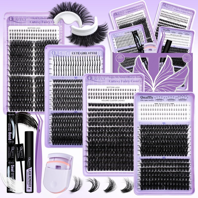 QUAFFLY 1274Pcs Lash Extension Kit 40D+60D+80D+100D+Bottom Lashes+Spike lashes Individual Lash Clusters With Lash Bond&Seal Remover Tweezer Lash Curler for Natural DIY Cluster Eyelash Extensions Kit