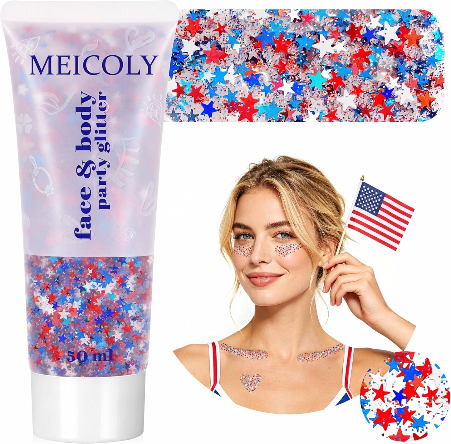 Star Shaped Red White and Blue Body Glitter Gel - 50g Patriotic Face & Hair Glitter for 4th of July Outfits