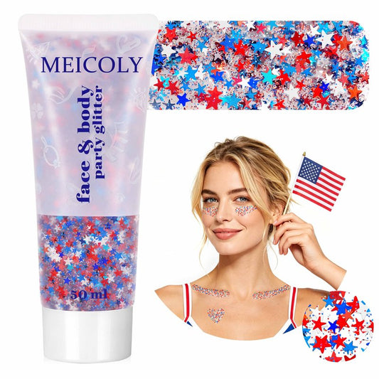MEICOLY 250th Red White and Blue Patriotic Face Glitter,USA Flag Star Body Glitter Gel,Hair Glitter for 4th of July Outfits for Women, Fourth of July Accessories for Independence Day
