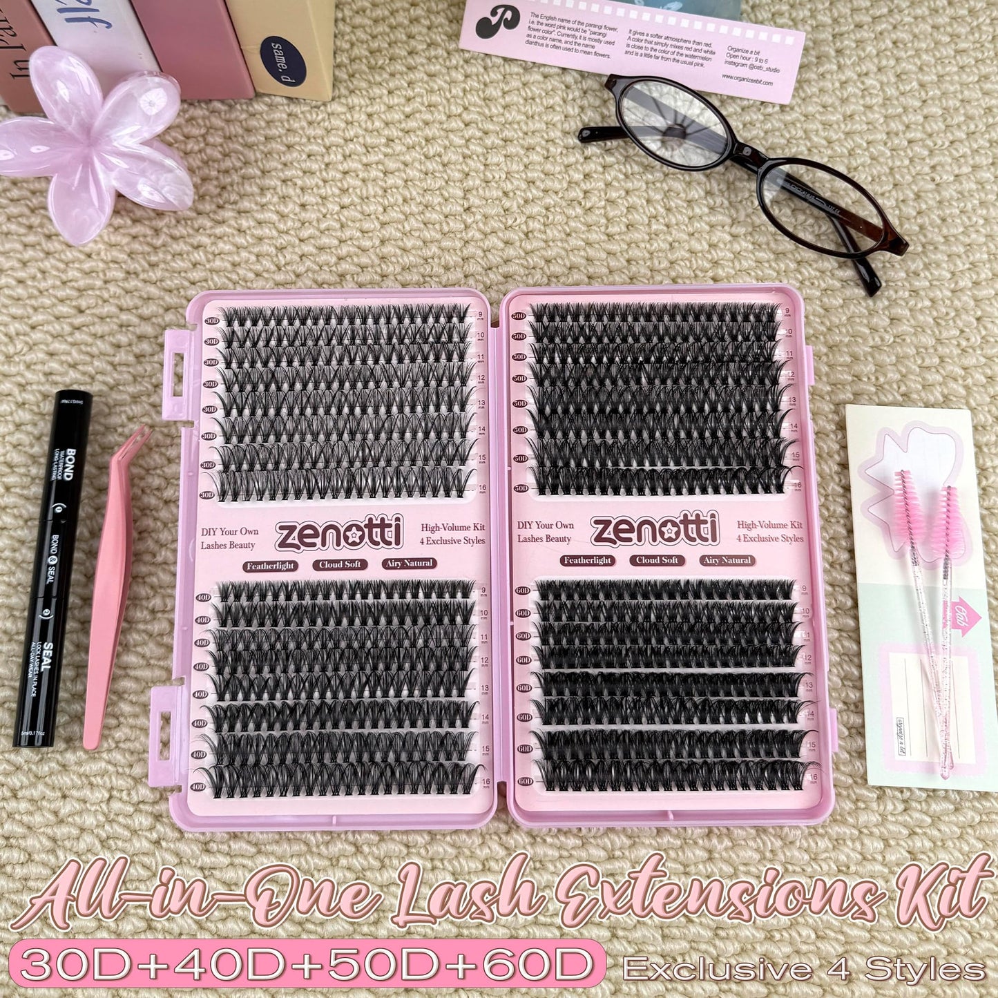 Lash Clusters Kit, 640PCS Natural Eyelash Clusters Kit 30D 40D 50D 60D Wispy Cluster Eyelash Extensions 9-16mm Daily Look Individual Lashes Soft Band with Lash Bond & Seal Tweezers Brush by zenotti