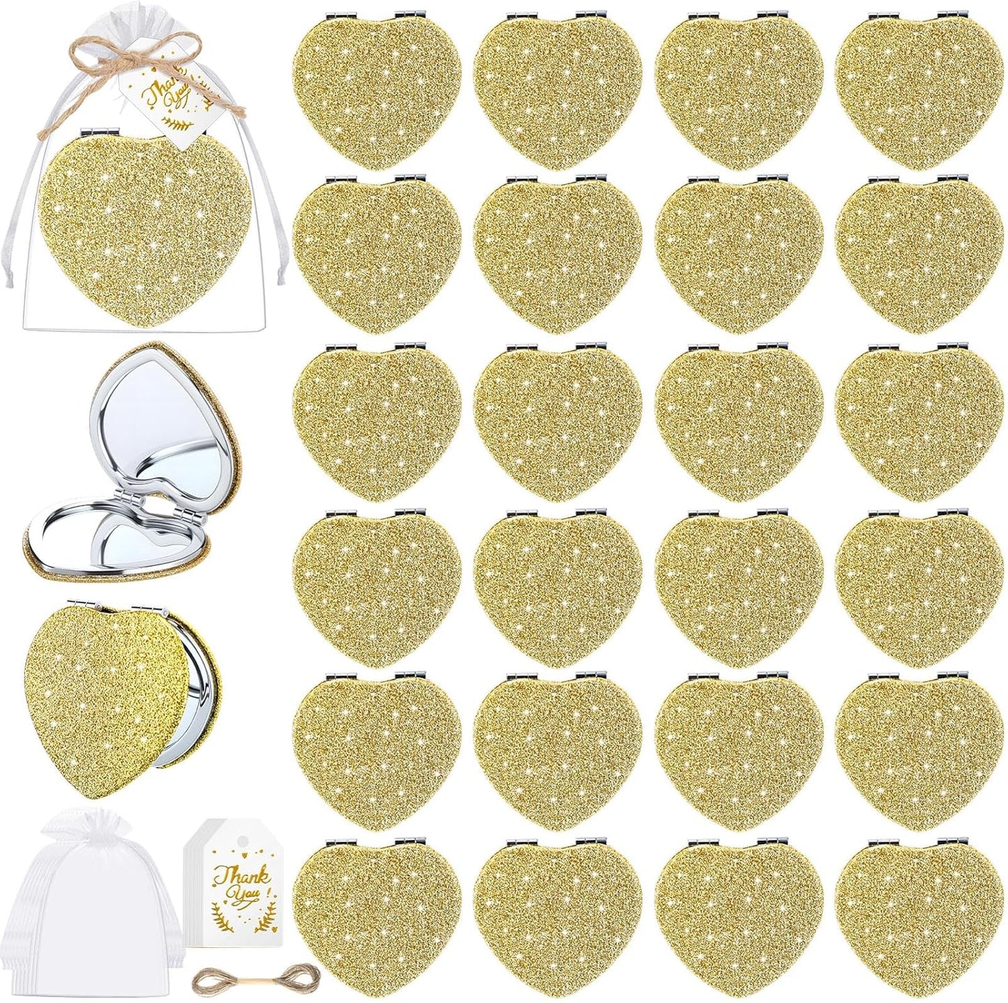 Heart Glitter Compact Mirror - Gold Magnifying 1x/2x PU Leather | Perfect Gift for Women, Bridal Showers & Weddings