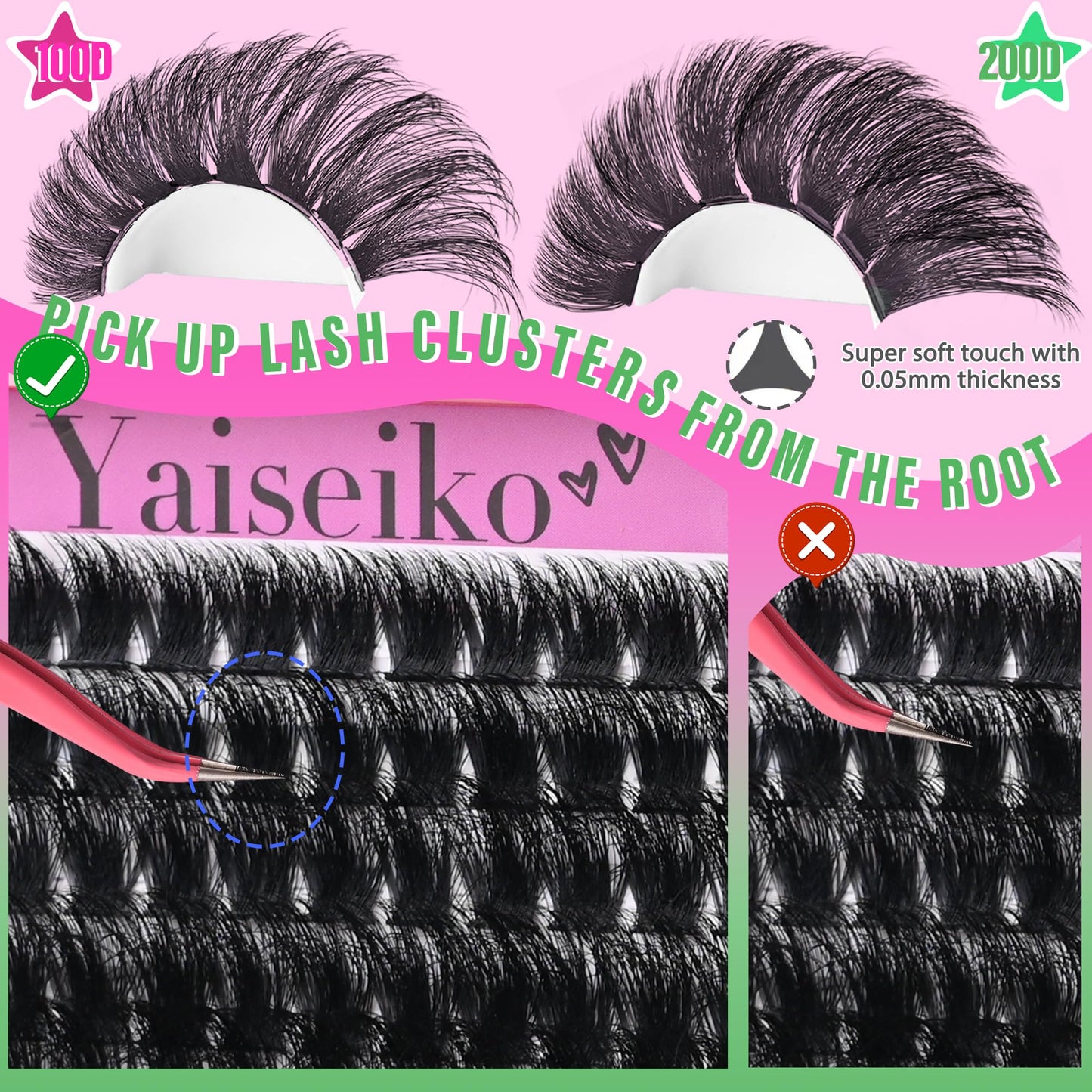 Yaiseiko Lash Clusters Kit 100D+200D Thick Volume Eyelash Clusters Kit 12-25mm Wispy Individual Lashes D Curl Long Cluster with Lash Bond and Seal Waterproof DIY Lash Extension Kit(KIT-280PCS)