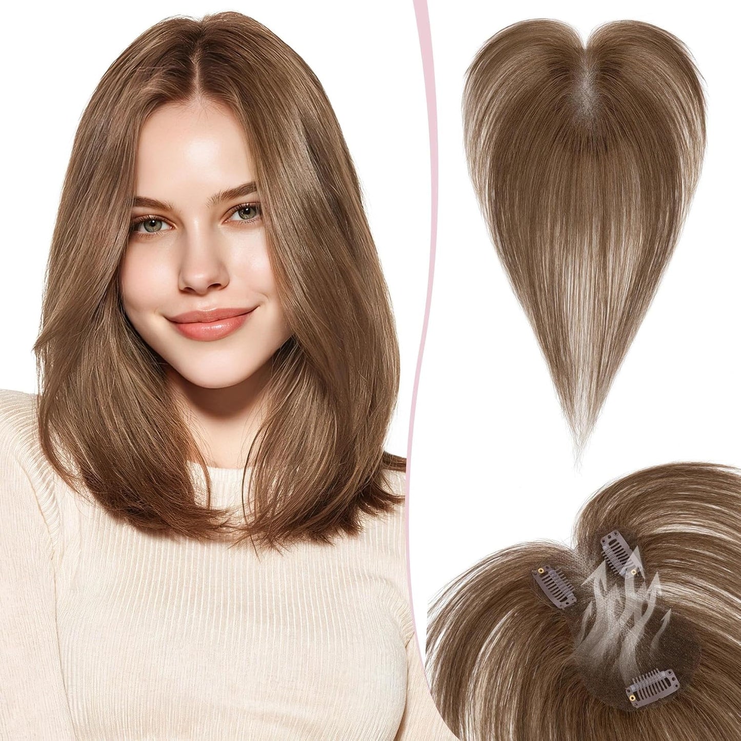Real Human Hair Toppers for Women - Hand-Tied Clip-In Hairpieces with Side Bangs | 11-Inch Dark Brown
