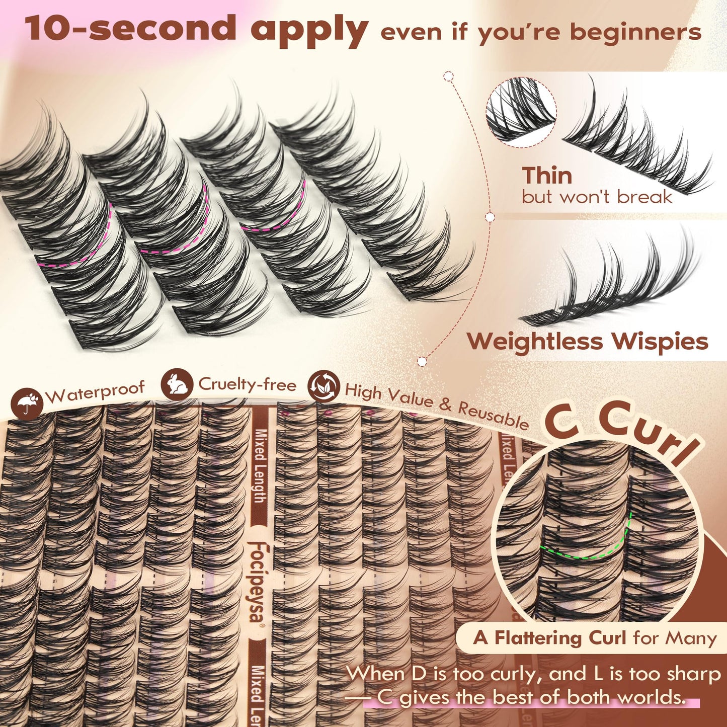 Focipeysa Lashes Clusters Wispy Natural Lash Clusters 10-16mm Eyelash Clusters Individual Eyelashes Pestañas Postizas Naturales Fairy Eyelashes Extensions Natural False Eyelashes