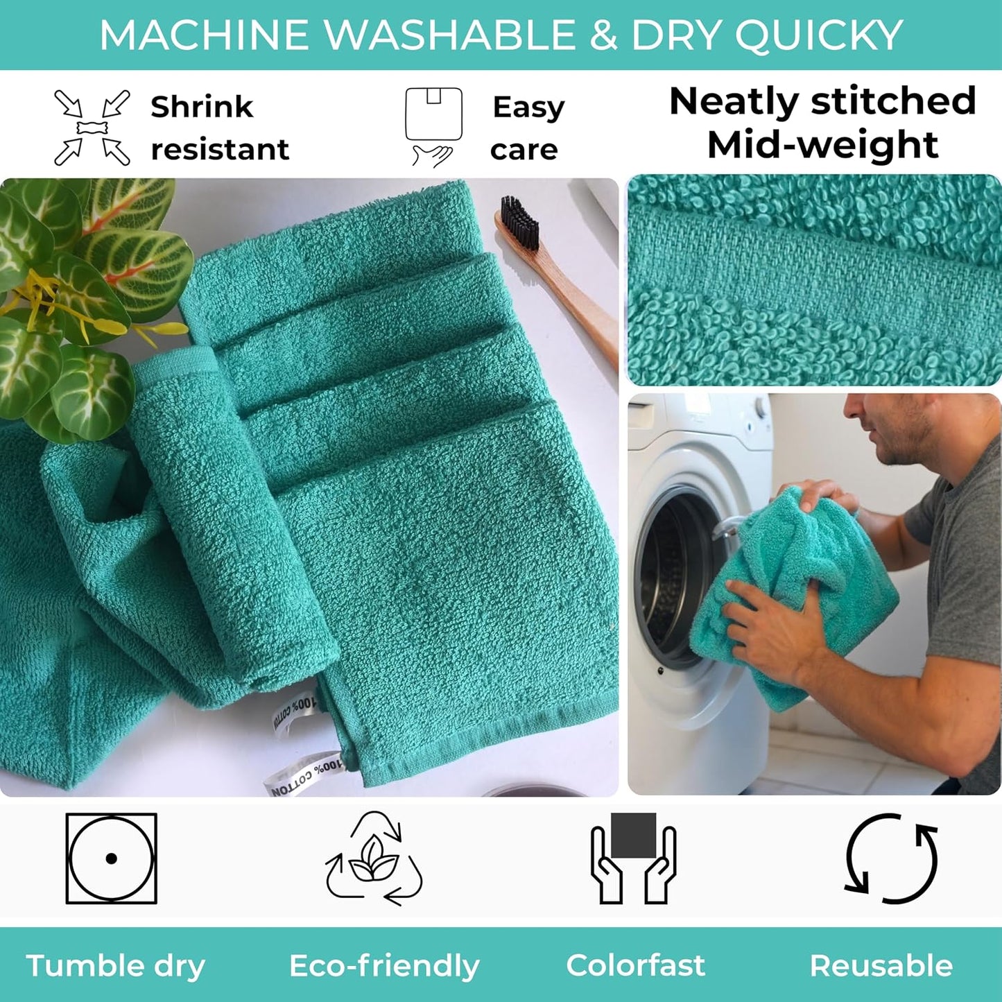Turquoise Cotton Wash Cloths - Soft Absorbent Terry Towels | 12"x12" 6-Pack for Adults & Kids
