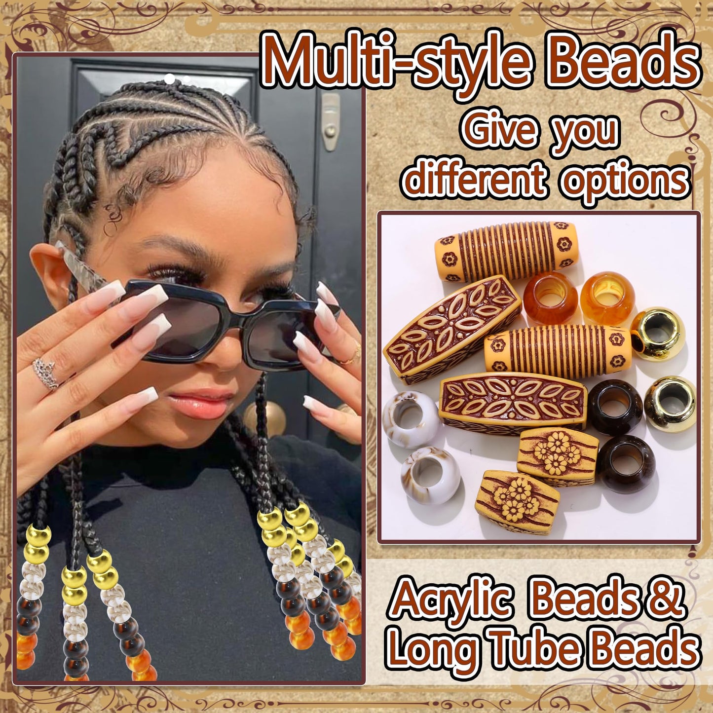 NAISKA 60PCS Wood Hair Beads for Braids Brown Long Tube Beads 7 Styles Hair Jewelry for Women Braids Acrylic Round Imitation Wood Dreadlock Bead African Braids Accessories for Women Girls