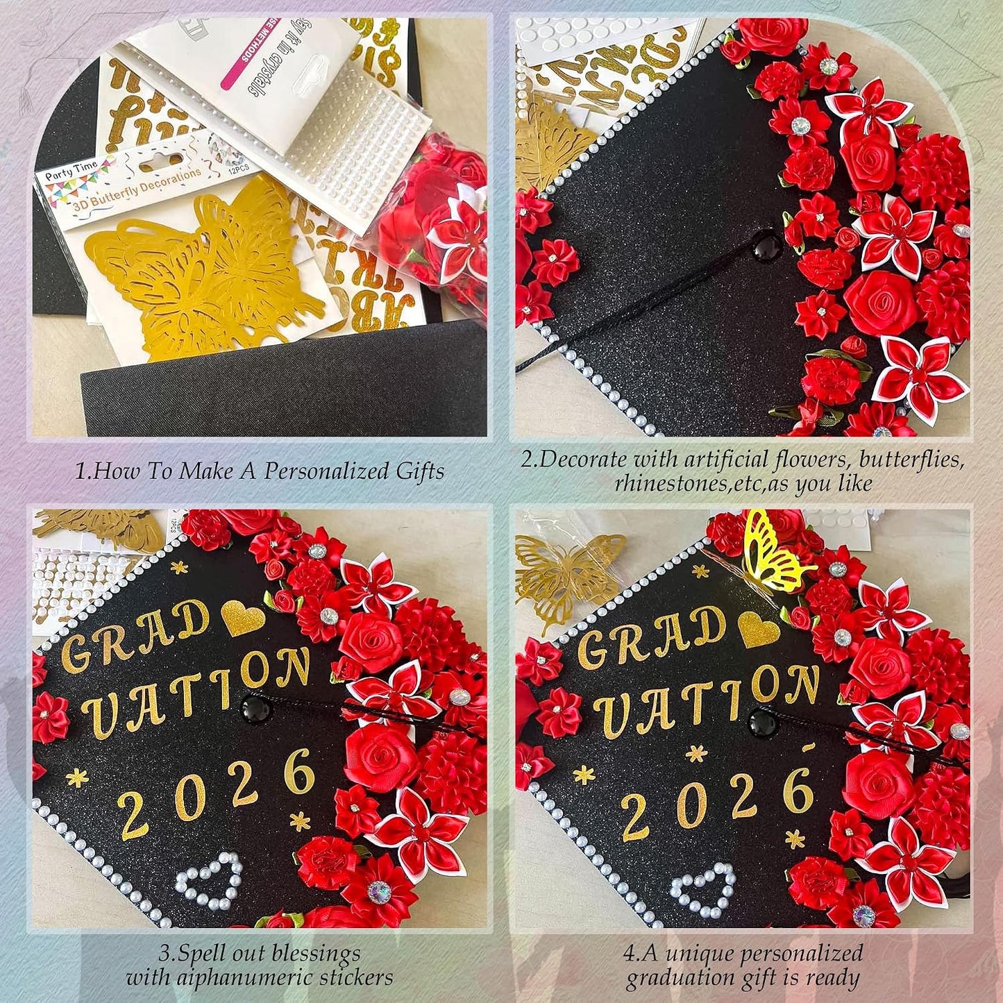 Graduation Cap Decoration Kit - 56 Pcs DIY Pink Flowers, Rhinestones & Glitter Butterflies | 2026 Grad Hat Topper