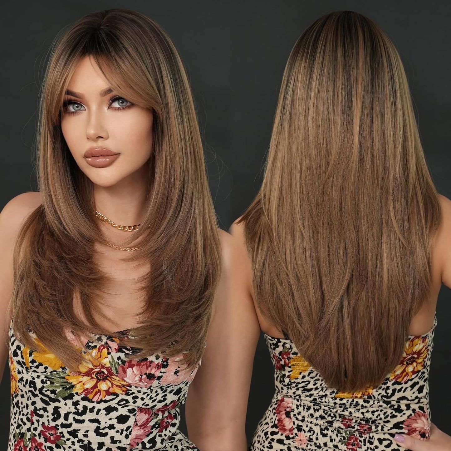 Long Natural Black Wig with Bangs - Heat Resistant Synthetic Hair for Daily Wear