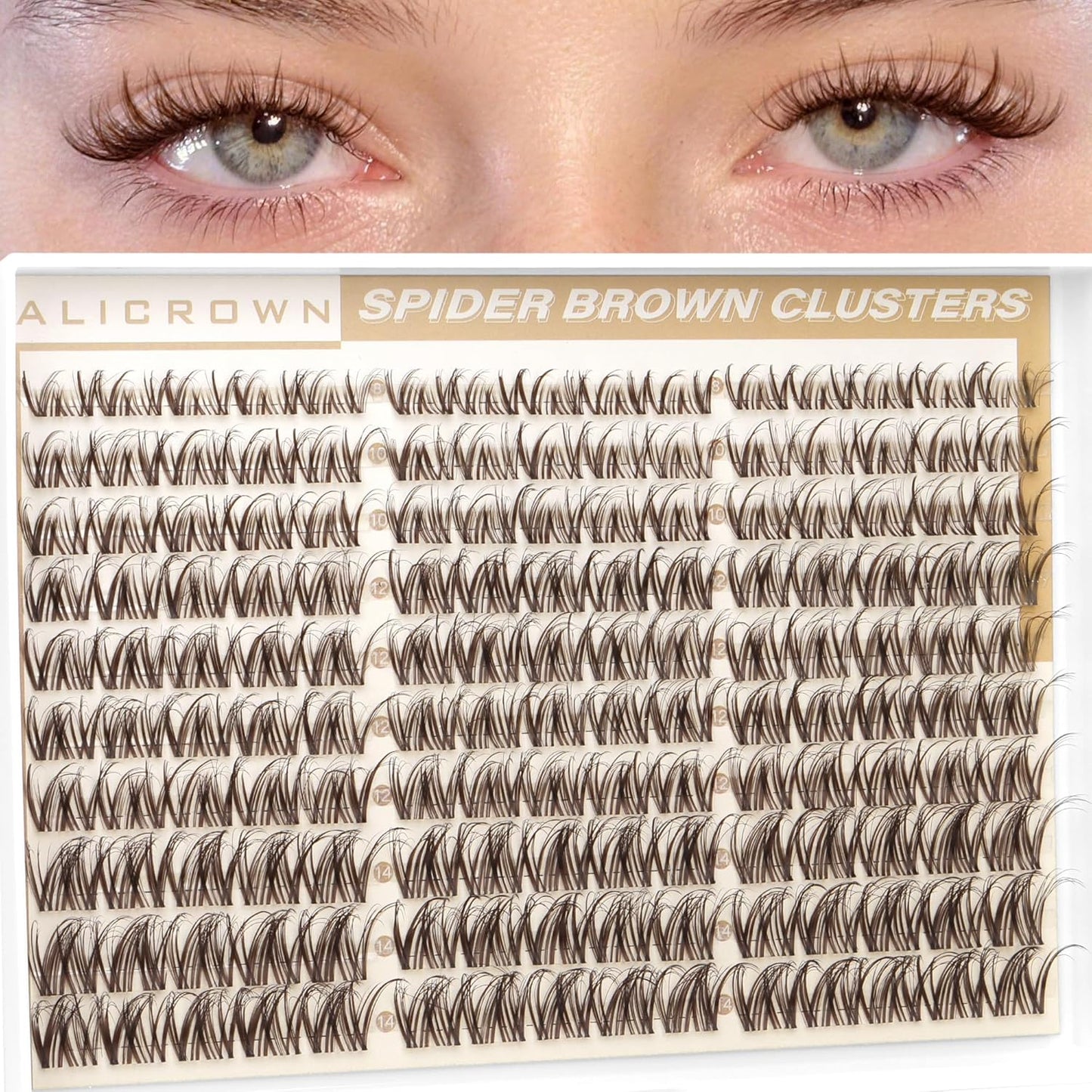 Spider Lash Clusters | Brown Wispy Eyelash Extensions - D Curly, Invisible Band, 8-14MM, 150 Pcs