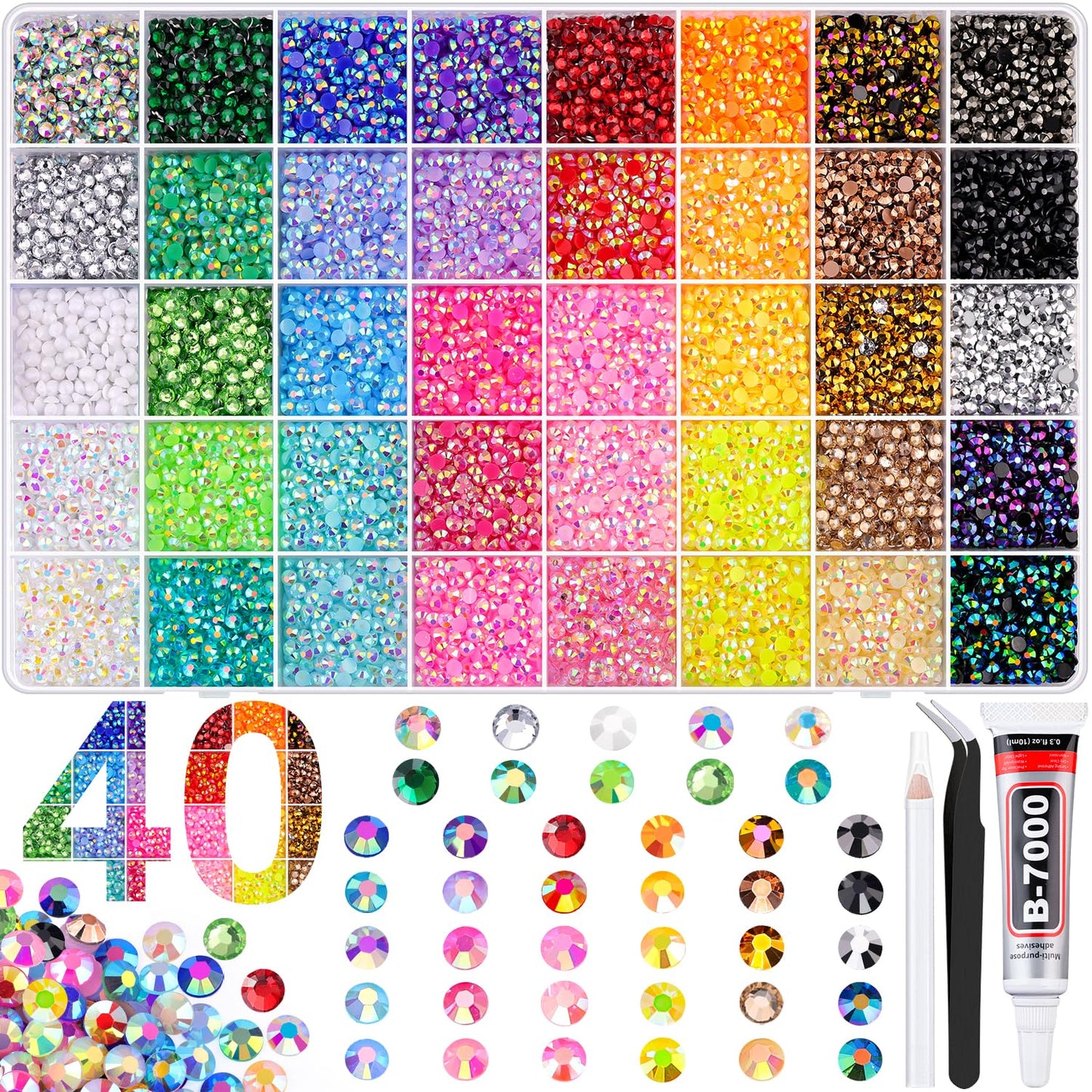 BELLEBOOST Jelly Rhinestones Bedazzling Kit - 45000 Pcs, 40 Colors, 3mm Flatback Gems for Crafting | Includes 3 Pcs B7000 Glue