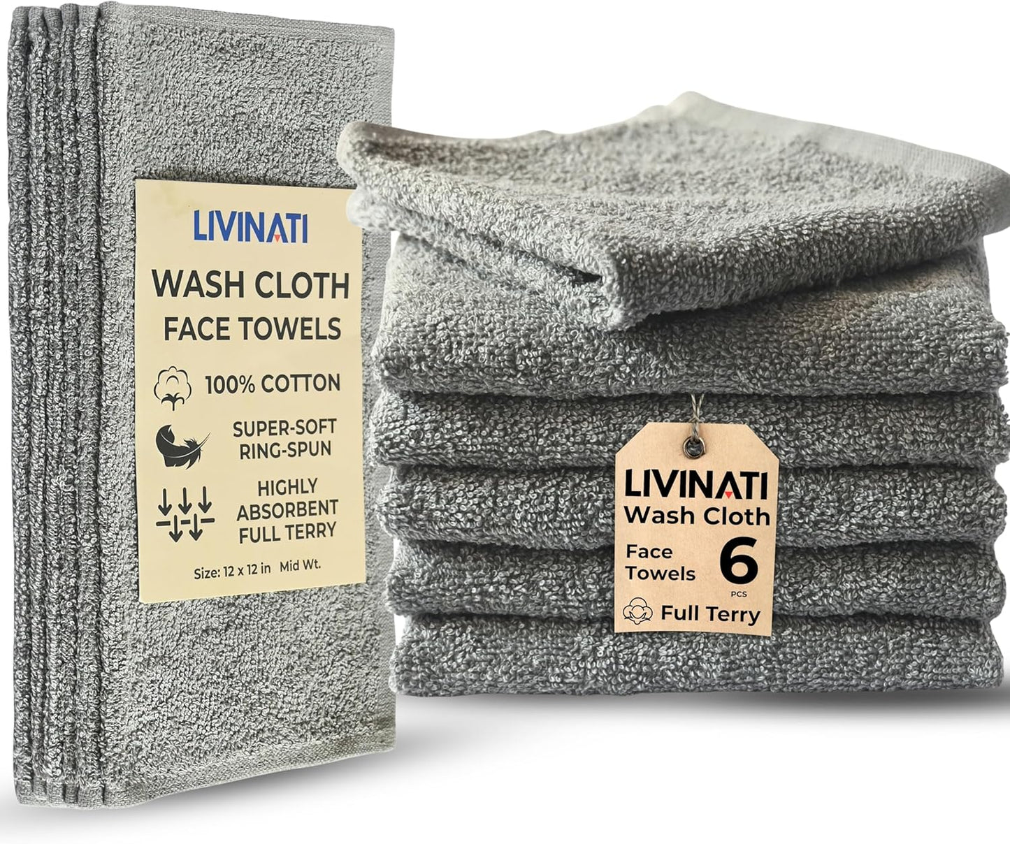 Lemon Lime 100% Cotton Wash Cloths - Soft Absorbent Terry Towels | 12"x12" | 6 Pack for Adults & Kids