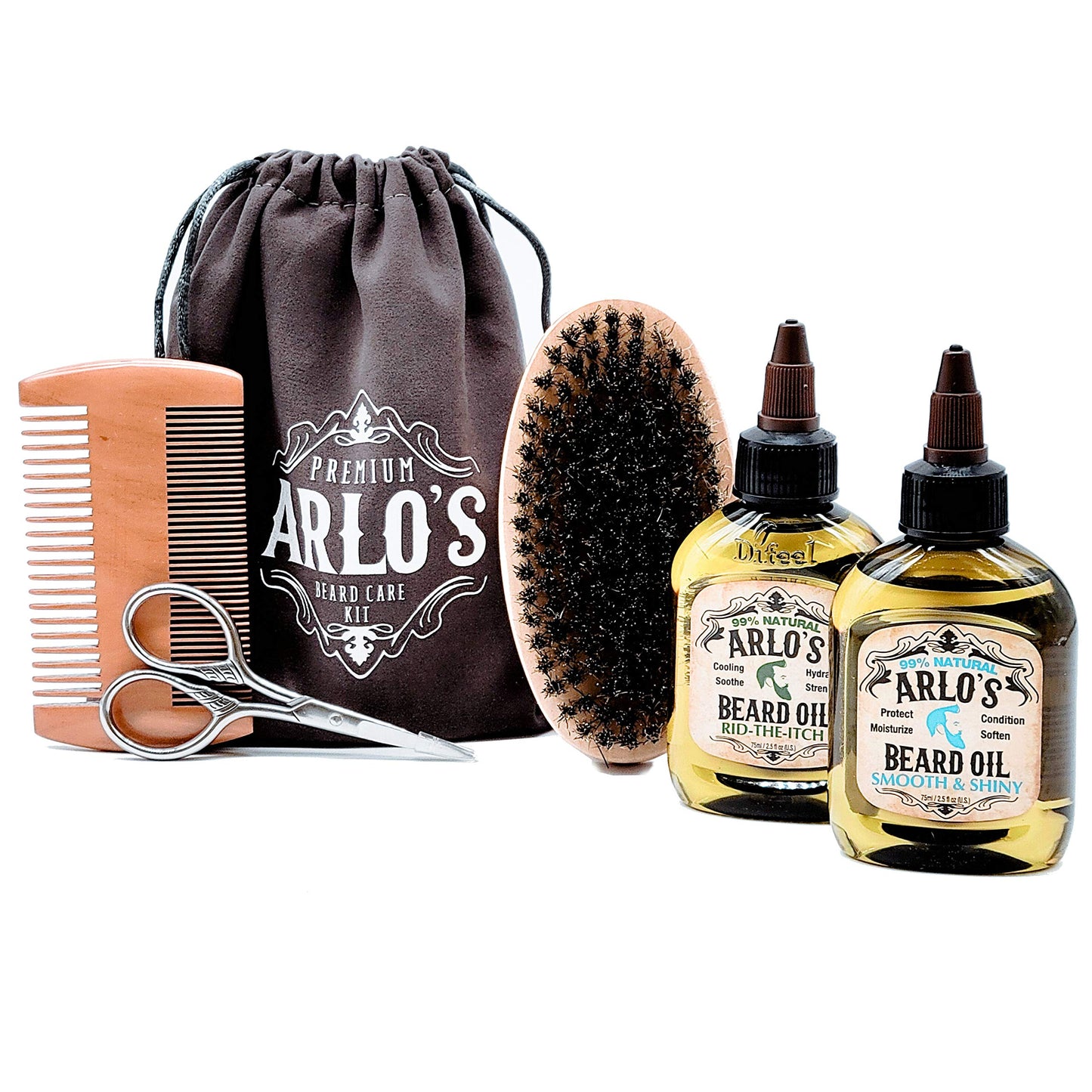 Arlo's 6-PC Mens Beard Grooming Set with Rid the Itch and Smooth and Shiny Beard Oils, Beard Brush, Beard Comb, Scissors, and Carrying Bag