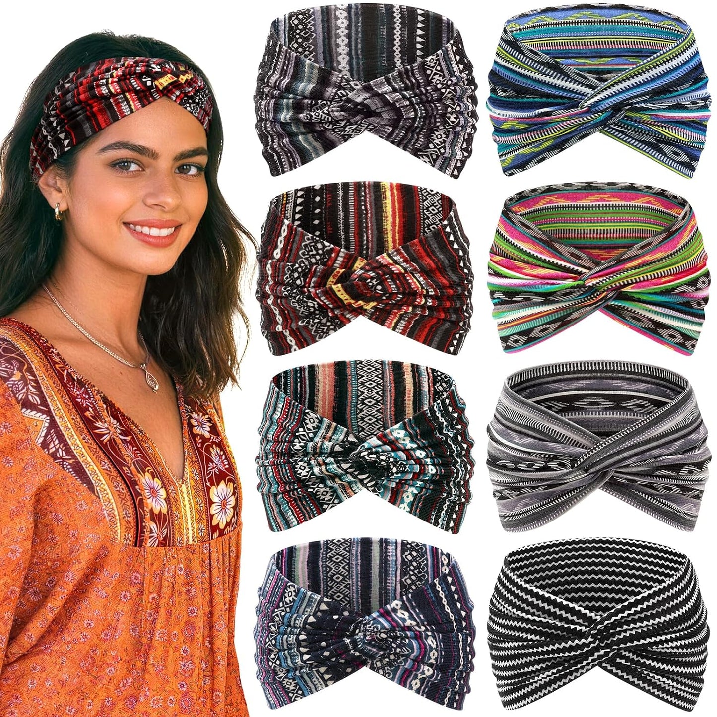 Wide Headbands for Women - 7.08 Inch Thick Boho Turban Hair Wraps | Non-Slip, Moisture-Wicking, 8 Pack Multi Colors