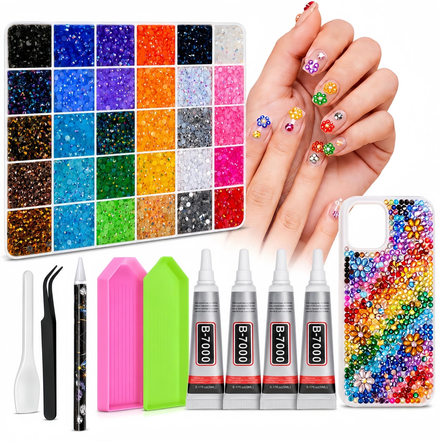 AMZGO 36000Pcs Rhinestones Bedazzling Kit, 30 Colors 3mm Flatback Resin Bedazzler Gems with 4Pcs 10ml B7000 Jewelry Glue for Bedazzled Thing Diamond Art Book Crafting Nail Kit