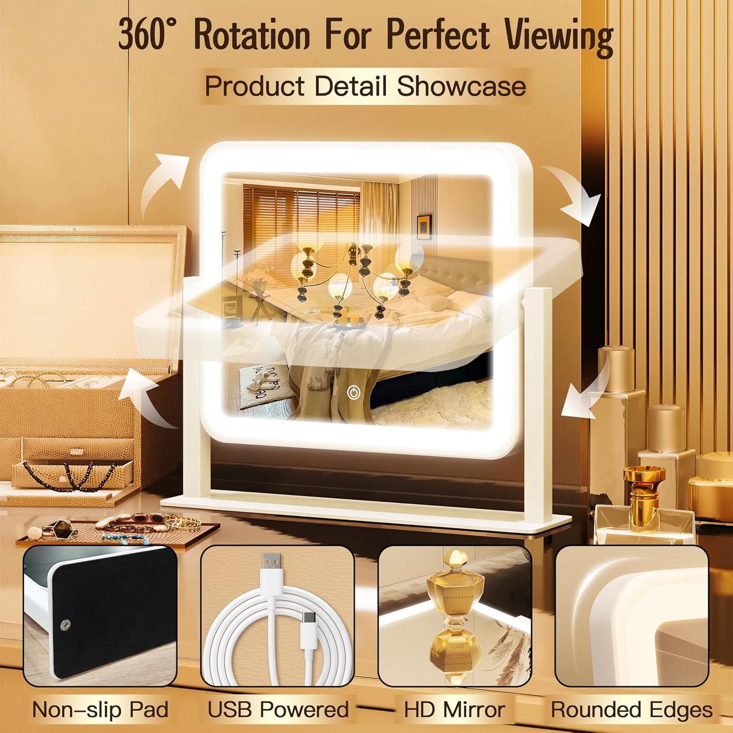 LED Makeup Vanity Mirror with Lights - 3 Color Modes, Dimmable & Memory Function | 12" x 14", White