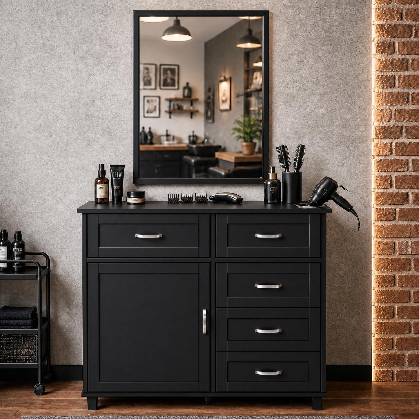 THINK 30 Salon Station, Barber Station, with Wall-Mount or Cabinet-Mount Mirror, Drawers, for Hair Salon, Barber Shop, Beauty Spa, Black