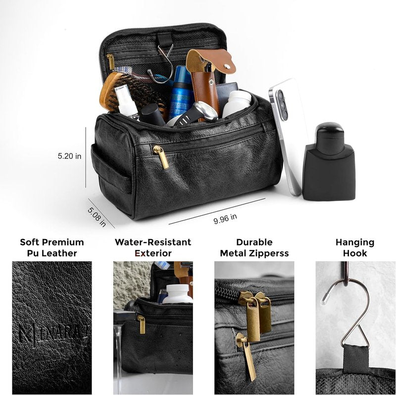 Mens Toiletry Travel Bag - Premium PU Leather Organizer with Razor Case & Dust Bag | Black - Ideal for Travel, Gym, and Everyday Use
