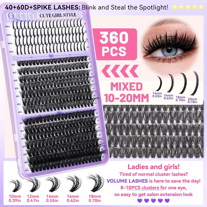 QUAFFLY 1274Pcs Lash Extension Kit 40D+60D+80D+100D+Bottom Lashes+Spike lashes Individual Lash Clusters With Lash Bond&Seal Remover Tweezer Lash Curler for Natural DIY Cluster Eyelash Extensions Kit