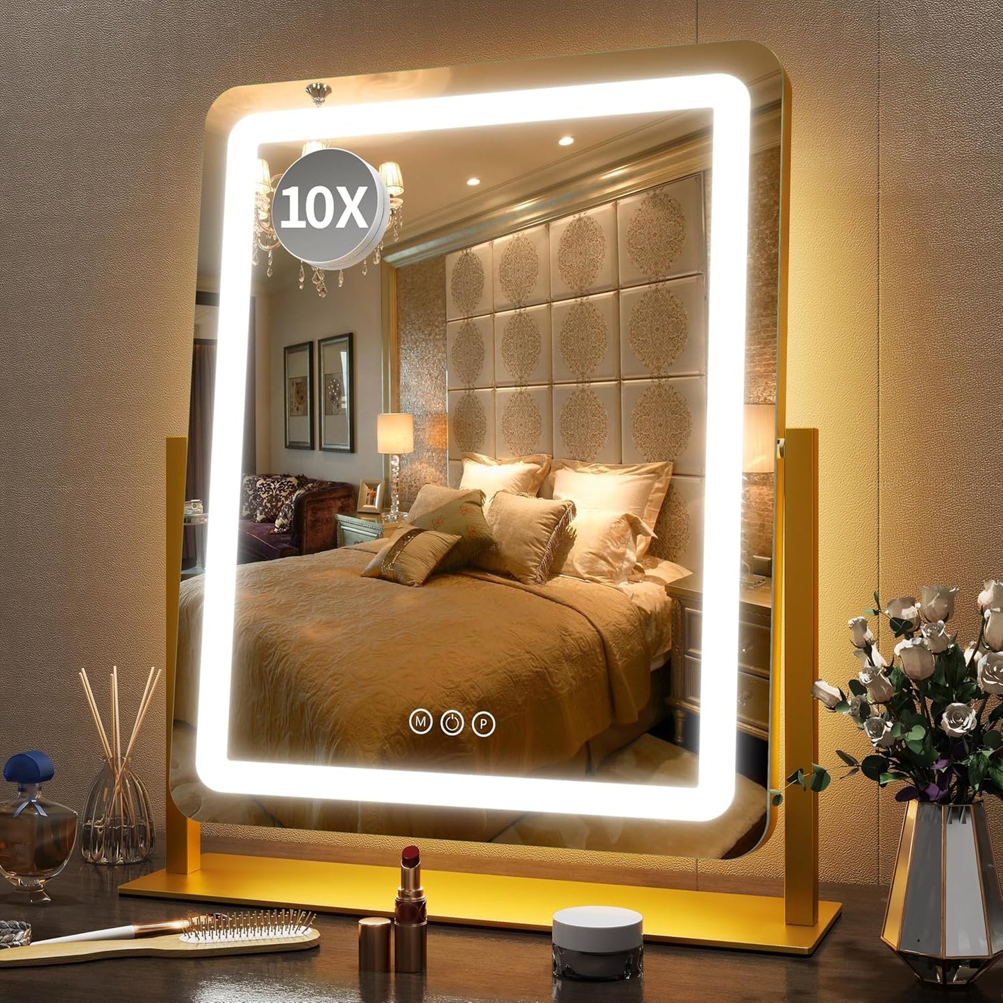 FENNIO 22-Inch LED Lighted Makeup Mirror - Dimmable Touch Screen with 3-Color Lighting | Gold Finish