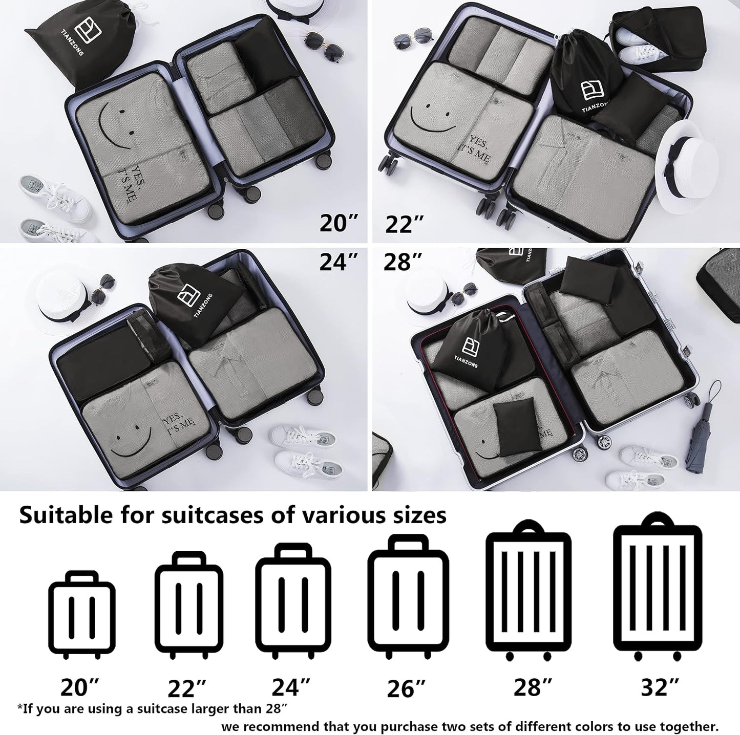 Packing Cubes Set - 7-Piece Travel Organizers for Luggage | Includes Shoe Bag - Black