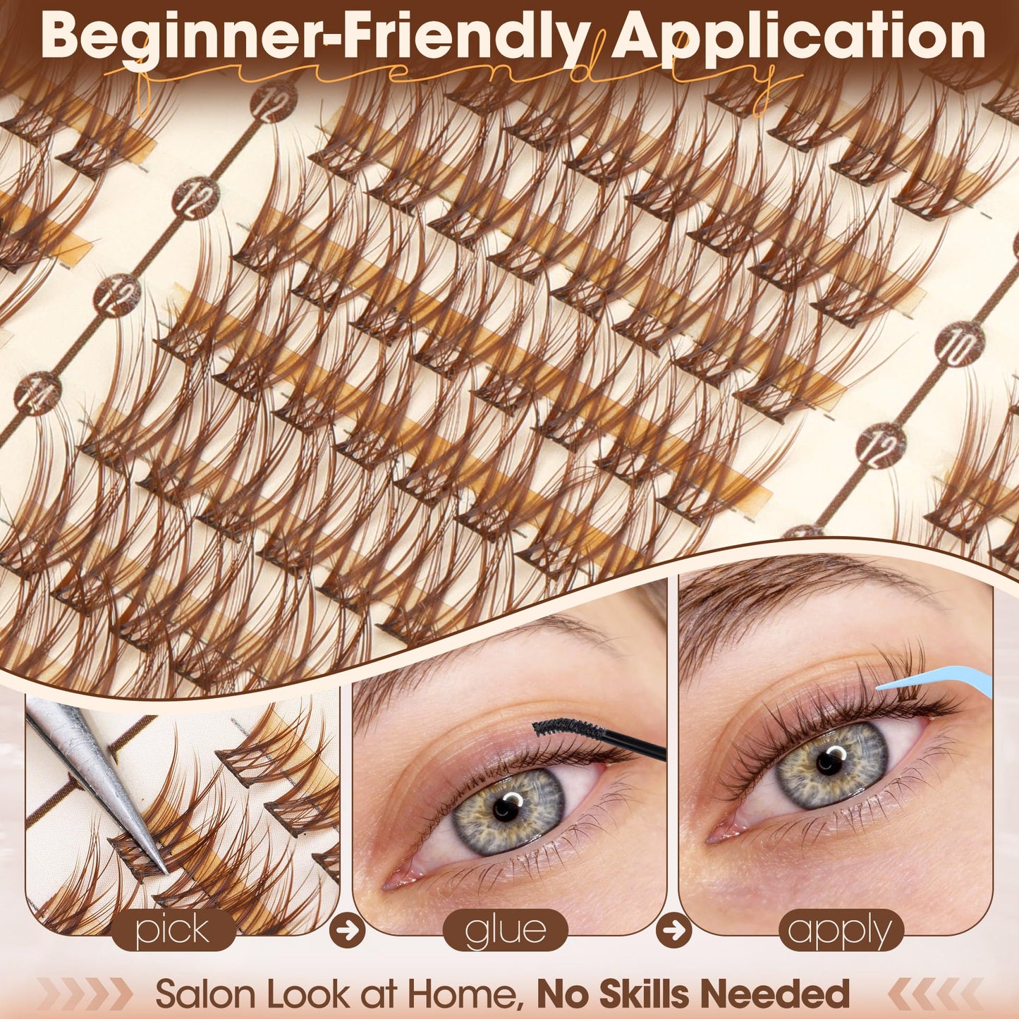 Brown Lash Clusters 8-14MM Wispy Natural Eyelash Extensions 216Pcs Short Dark Brown Cluster Lash Extensions C Curve Brown Band For Daily Wear, Natural Enhancement, Easy to Apply (Flit)