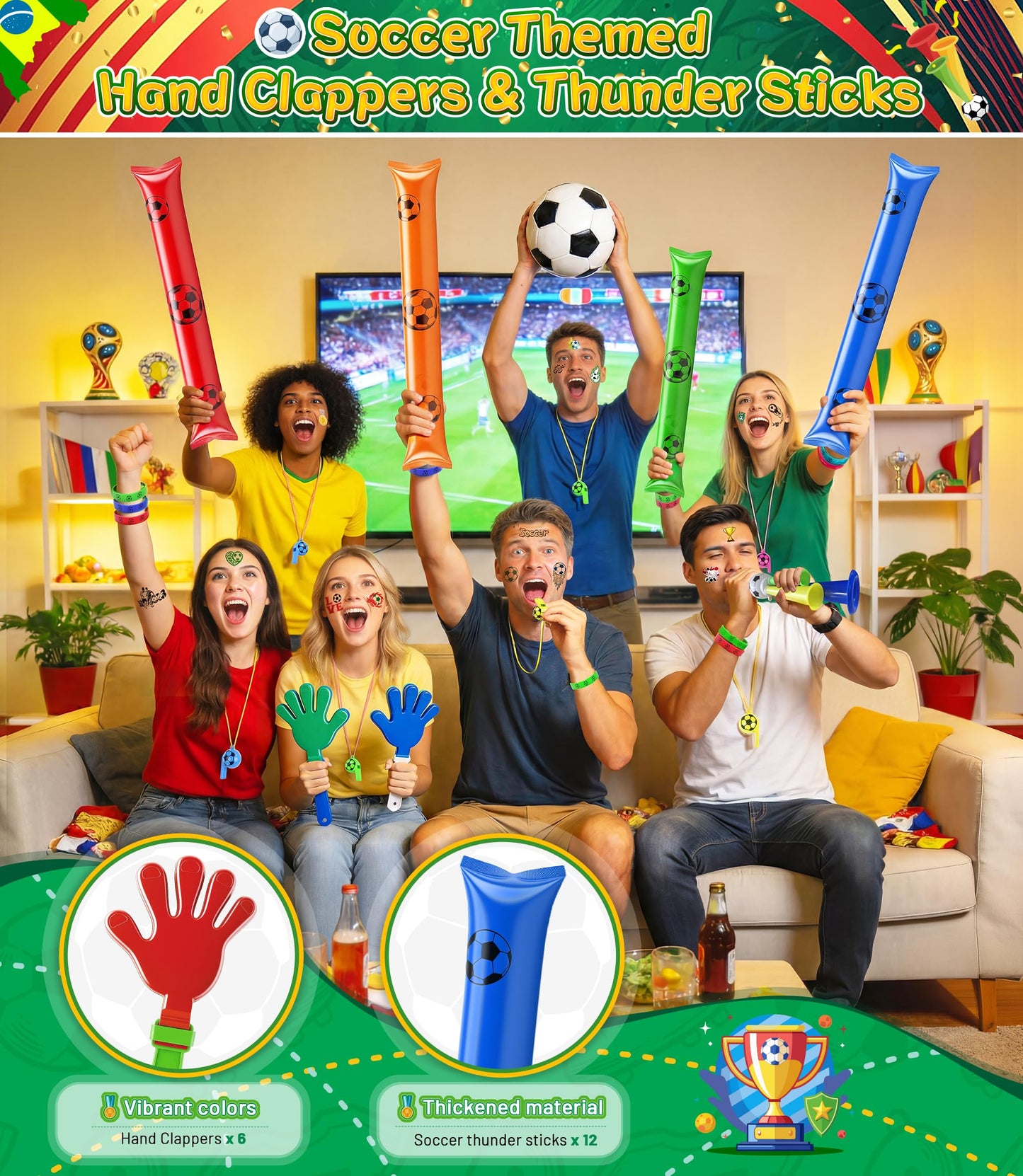 Soccer Party Favors 2026 Soccer Fan Support Accessories Kit, 48 PCS Cheering Supplies with Thundersticks, Clappers, Wristbands, Stickers for Sporting Events, Game Day Watch Party & Stadium Essentials