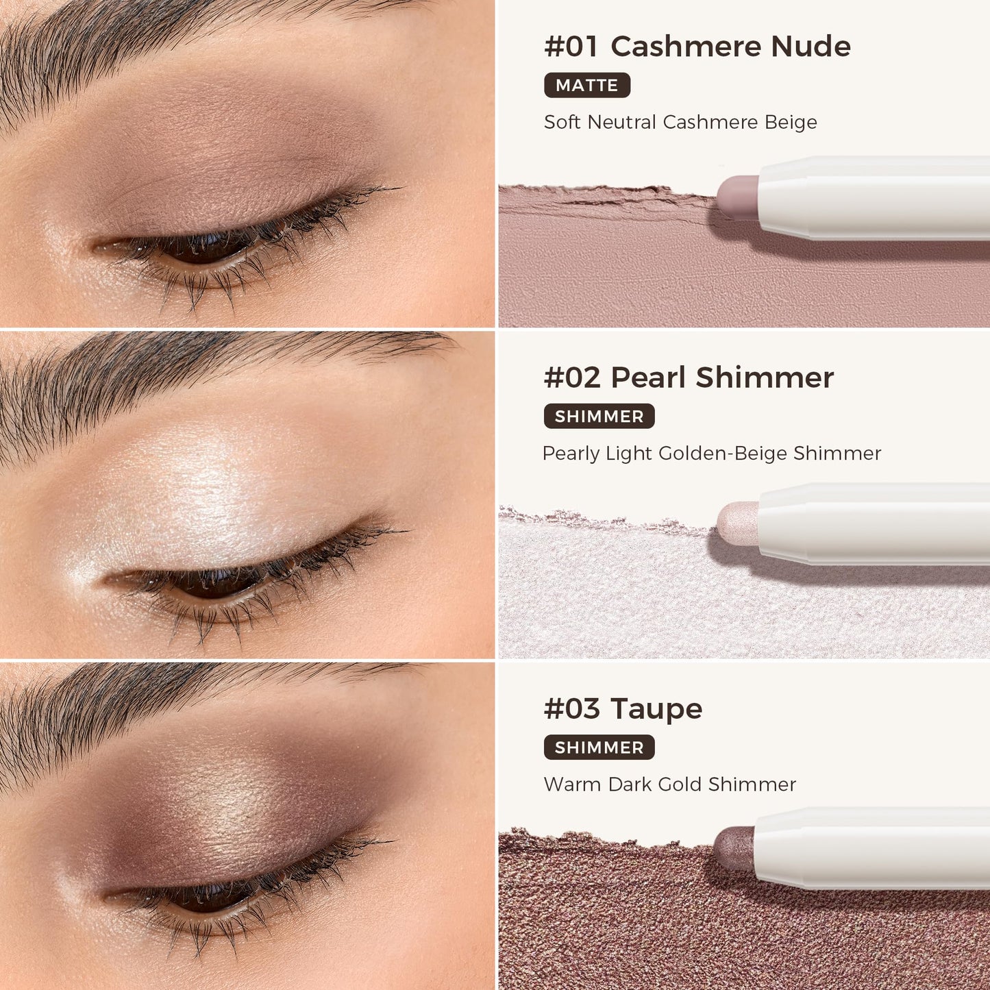 Exmiloo Cream Eyeshadow Stick Set, 3 Neutral Matte & Shimmer Waterproof