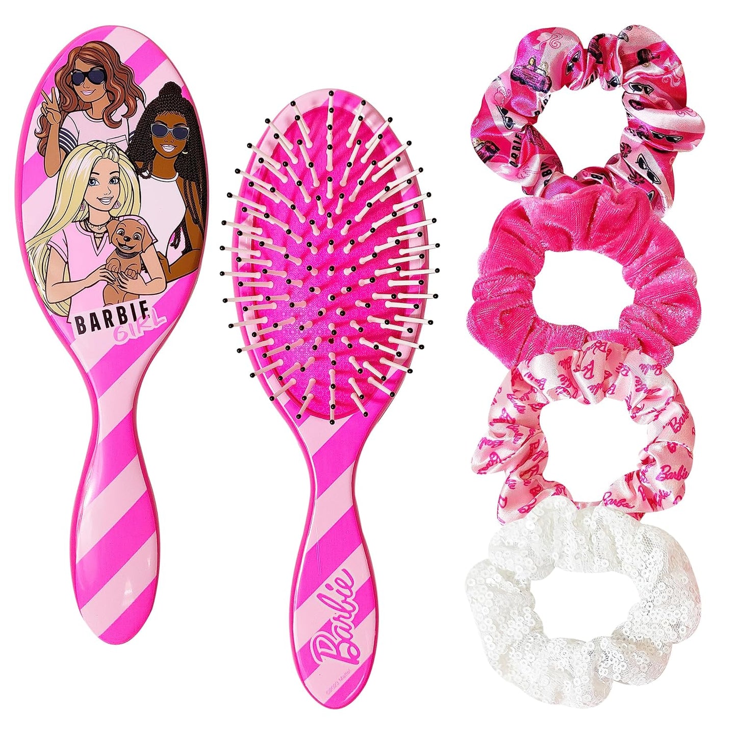 Barbie Hair Accessory Set - 5 Pcs Including 9-Inch Detangling Brush & 4 Colorful Scrunchies | For Ages 3+