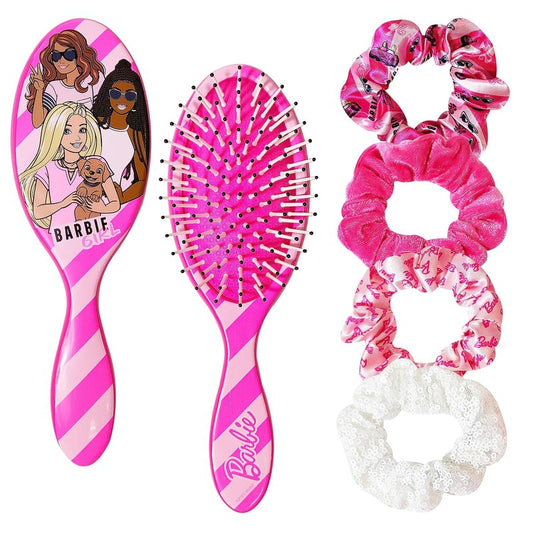 Barbie Hair Accessory Set - 5 Pcs Including 9-Inch Detangling Brush & 4 Colorful Scrunchies | For Ages 3+