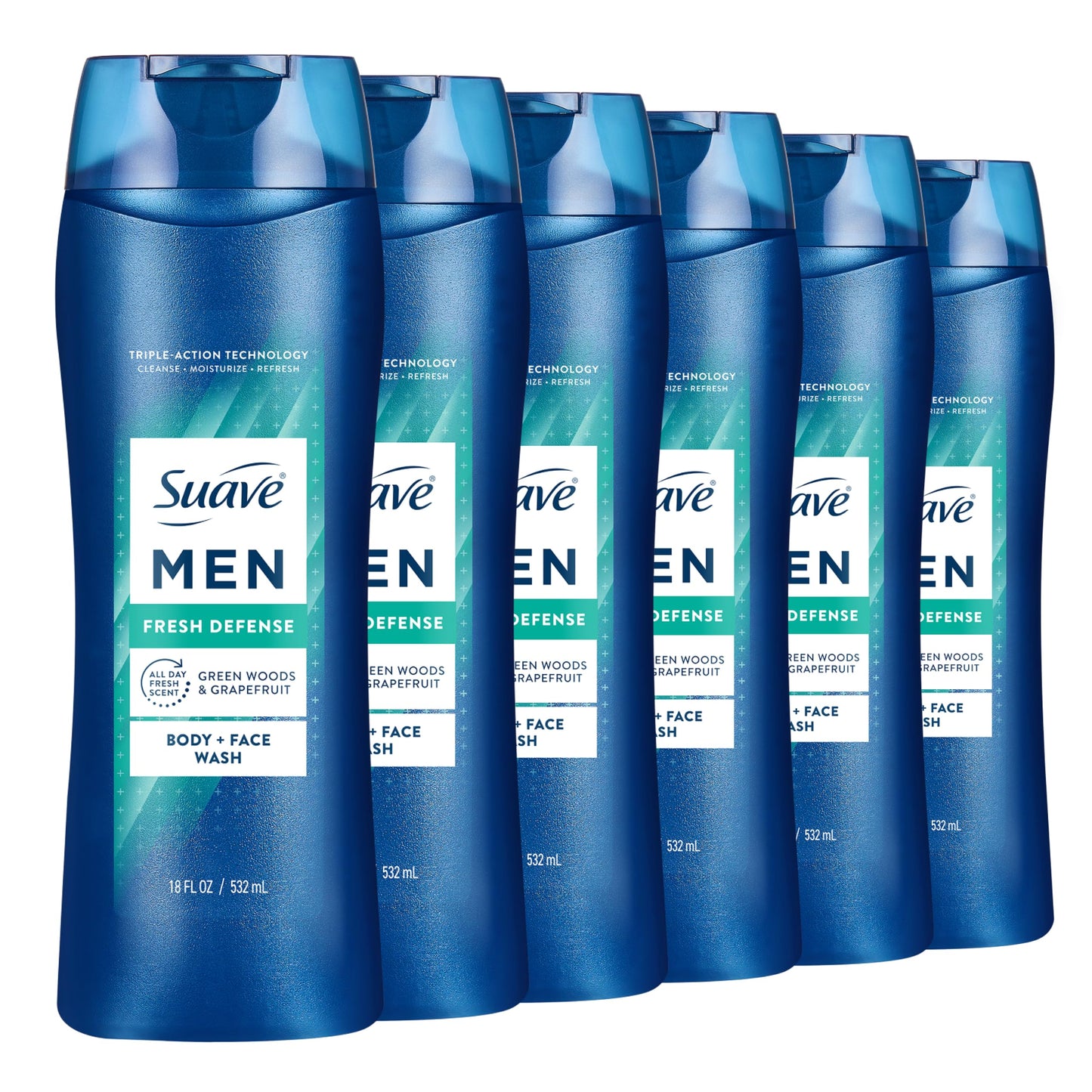 Suave Men Fresh Defense 2in1 Body & Face Wash with Glycerin & Vitamin E, Paraben & Phthalate Free, Cleanse, Moisturize & Refresh, Long-Lasting Fragrance, 18 FL OZ, 6 Count