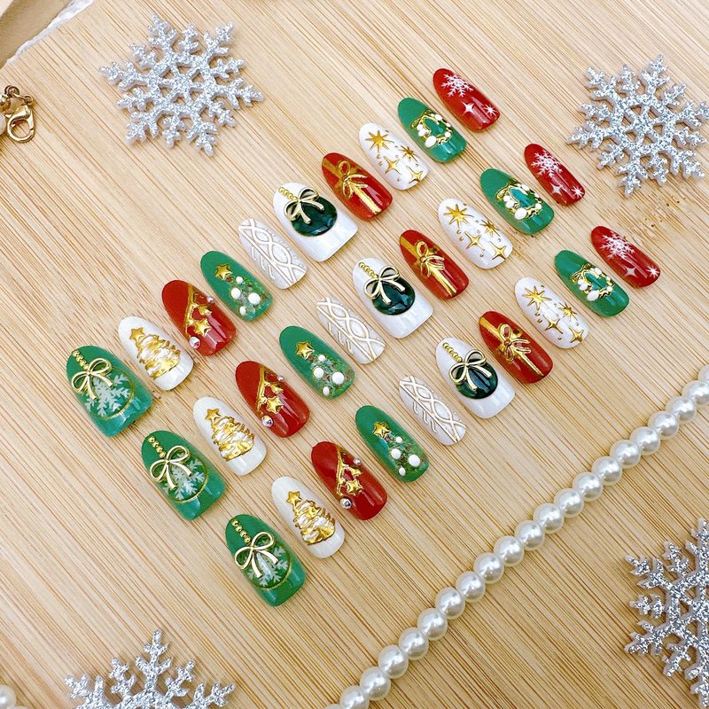 30pcs Winter Christmas Press on Nails Medium Almond Fake Nails with 3D Gold Christmas Tree Bow Star Rhinestones Design Xmas Snowflake False Nail New Year Full Cover Stick on Nails for Women