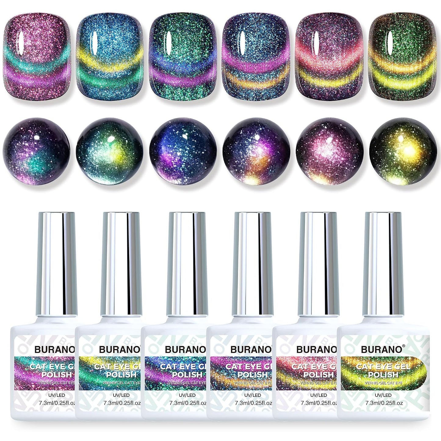 Magnetic Cat Eye Gel Nail Polish Set - 6 Pcs Holographic Glitter UV Polish | Reflective Laser Gel Kit for Salon & Home Use