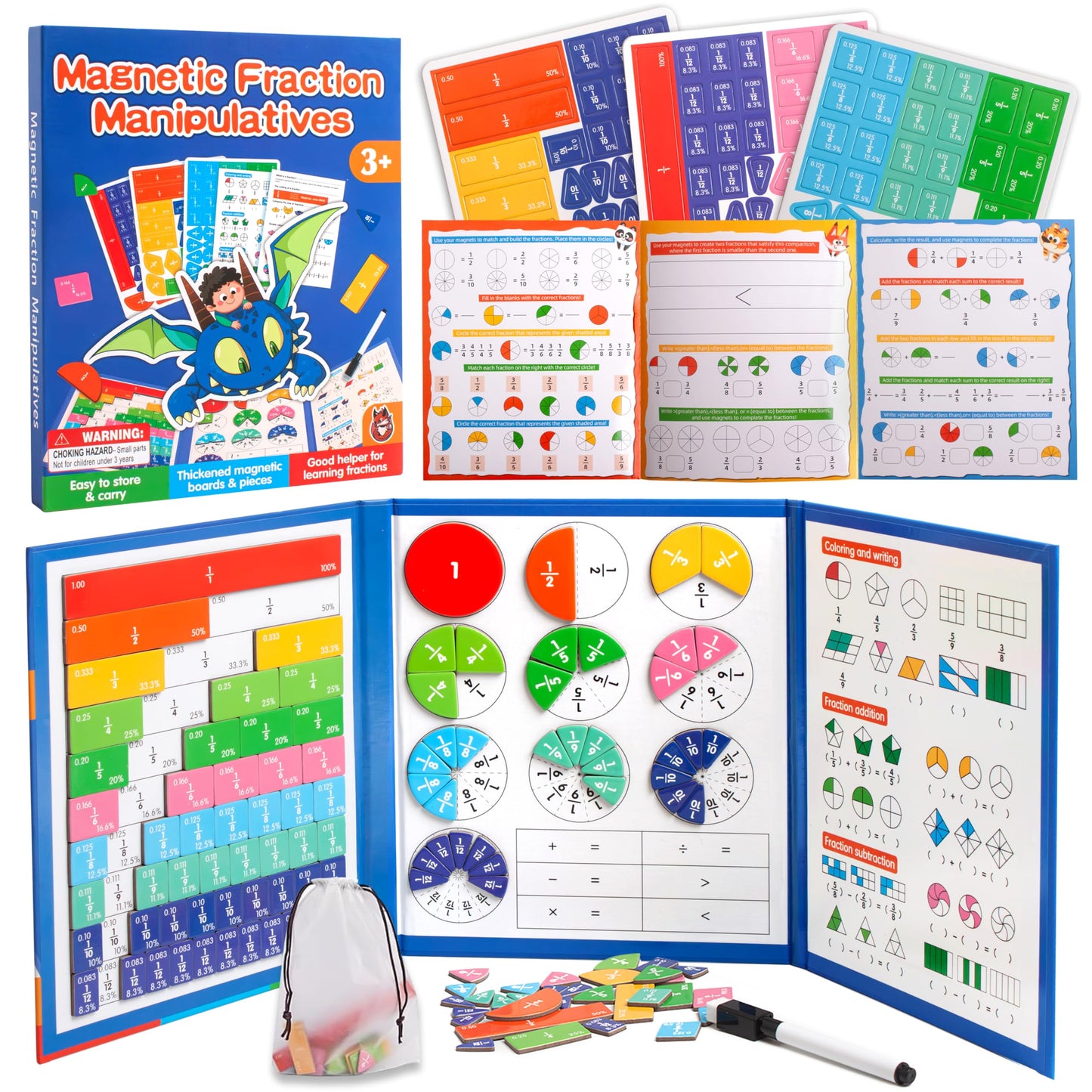 Magnetic Fraction Manipulatives for Kids, Fraction Tiles & Circles Educational Learning Set, Magnetic Fraction with Dry-Erase Practice, Homeschool & Classroom Math Teaching Tool for Elementary Math