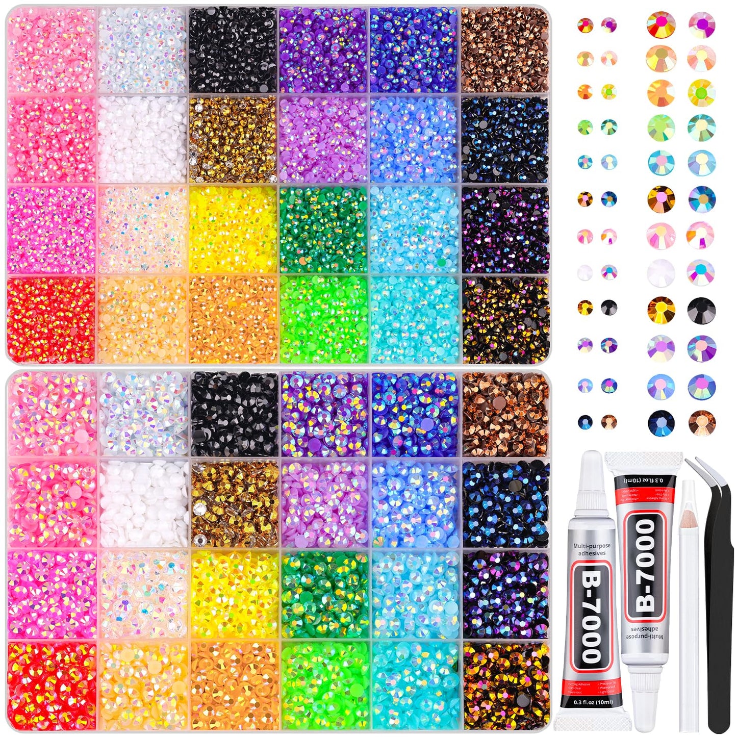 Resin Rhinestones - 32000 Pcs Flatback Gems for Bedazzling | Silver Clear Crystal Kit with 3 Pcs B7000 Glue for Nail Art & Crafts