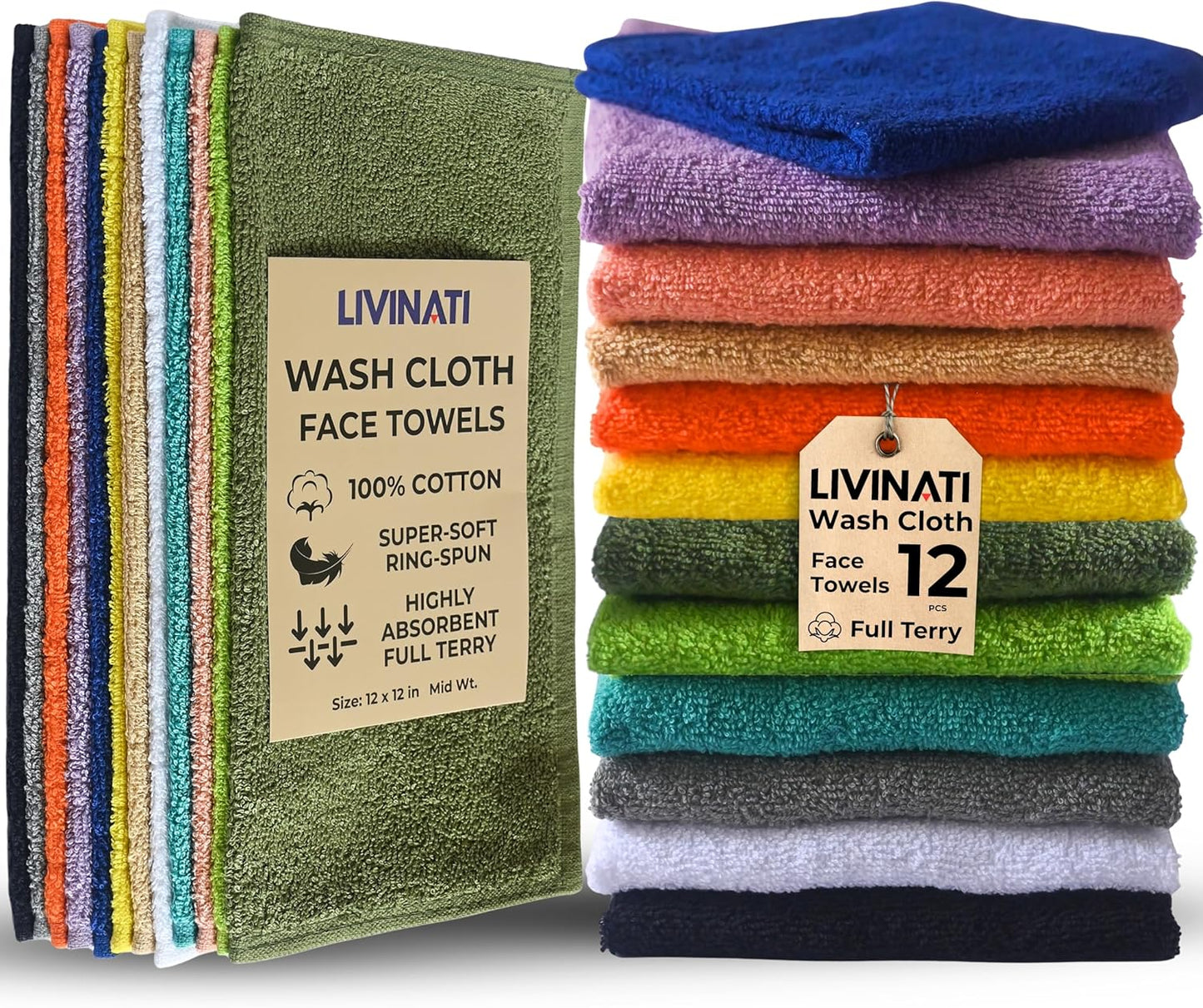 Turquoise Cotton Wash Cloths - Soft Absorbent Terry Towels | 12"x12" 6-Pack for Adults & Kids