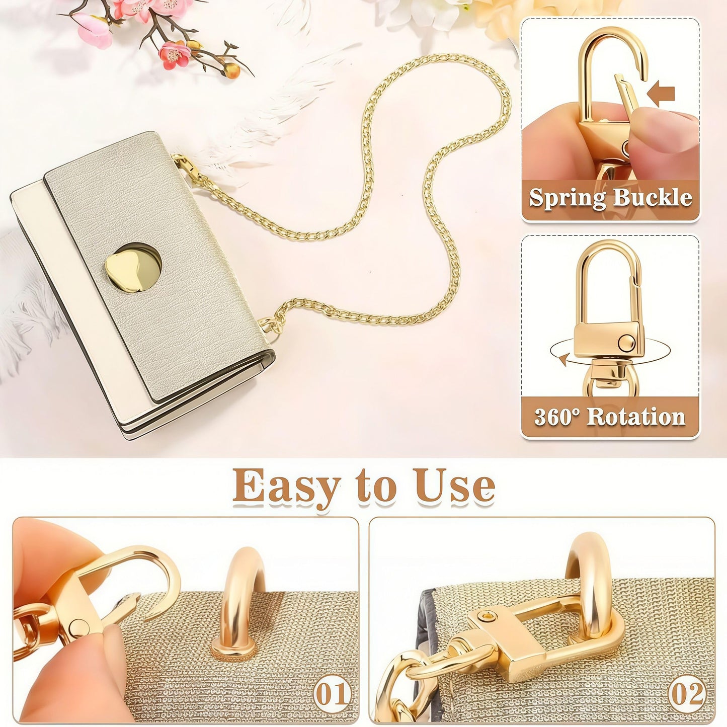A Golden Wallet Chain Replacement, Women's Bag Extension Accessory, for Handbags, Crossbody & Waist Bags, Stylish DIY Chain, Golden, 4