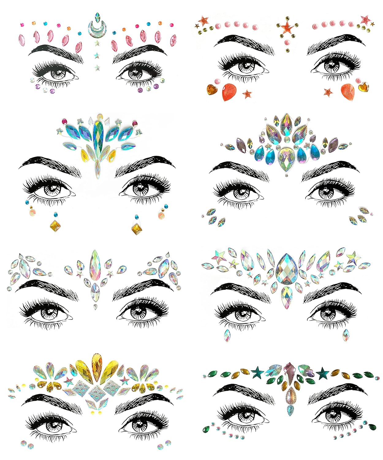 Gemstone Face Stickers - 8 Pcs Rhinestone Face Jewels for Festivals | Halloween & Christmas Party Decor