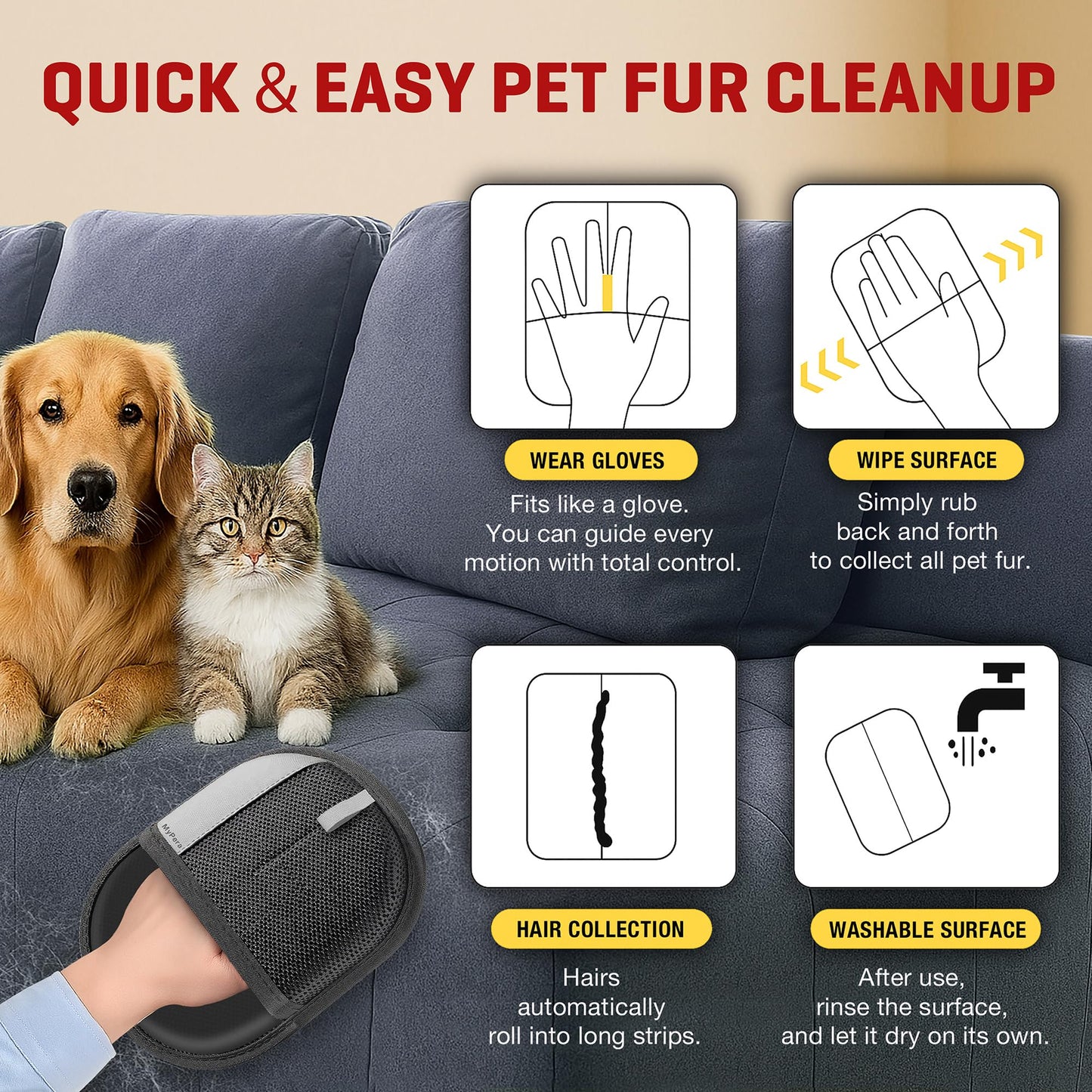 MyPera Pet Hair Removal Glove for Dogs & Cats, Newly Upgraded Reusable Electrostatic Pet Hair Glove, Magic Brush Pet Hair Remover Tool for Clothing, Couch, Carpet, Car Seats (1)