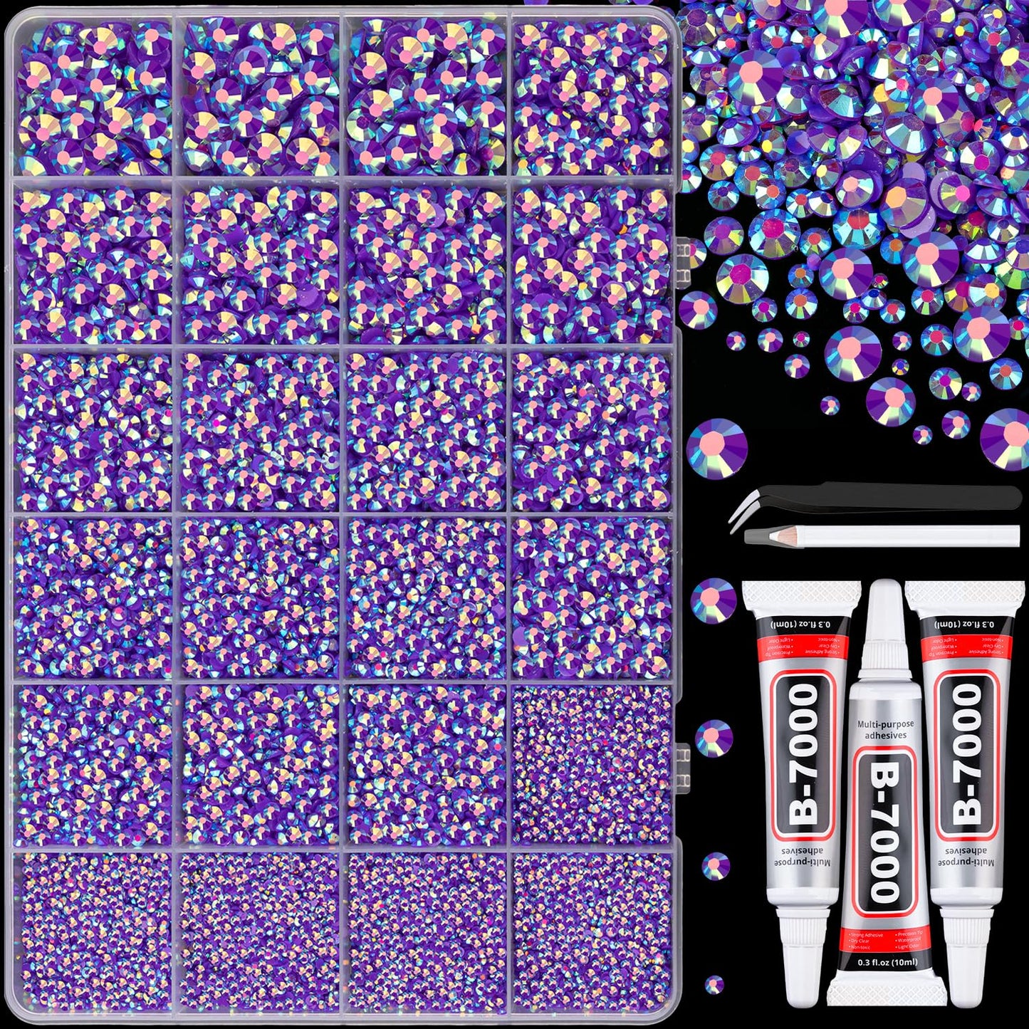 Resin Rhinestones - 32000 Pcs Flatback Gems for Bedazzling | Silver Clear Crystal Kit with 3 Pcs B7000 Glue for Nail Art & Crafts