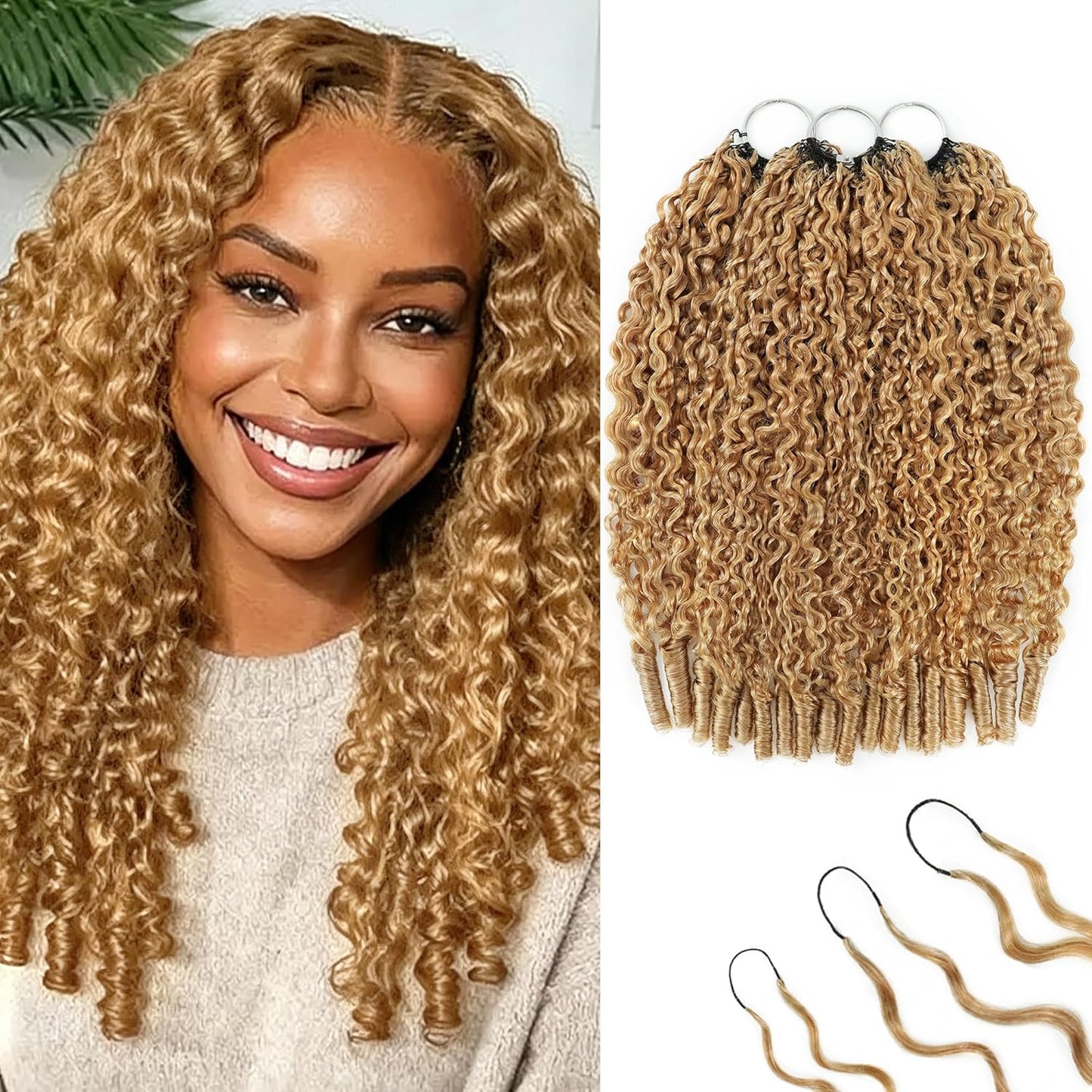 Honey Blonde Burmese Curly Crochet Hair - 18 Inch 180g Pre-Separated Bundles | Invisible Miracle Knots
