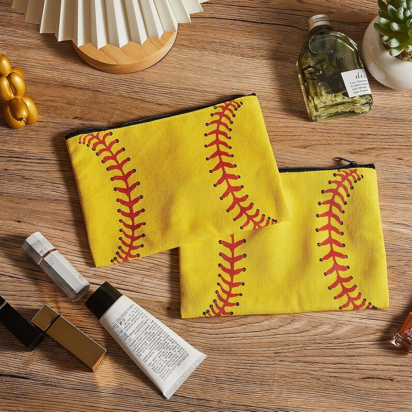 Softball Makeup Bags - 12 Pcs Canvas Cosmetic Zipper Pouches | Portable Travel Toiletry Organizers for Team Gifts