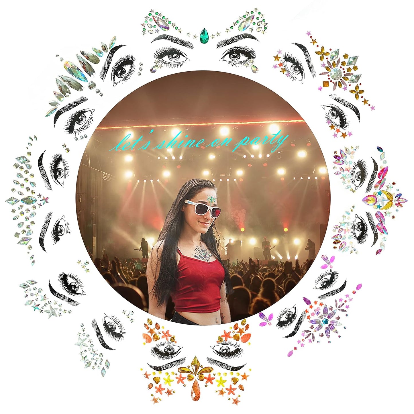 Gemstone Face Stickers - 8 Pcs Rhinestone Face Jewels for Festivals | Halloween & Christmas Party Decor