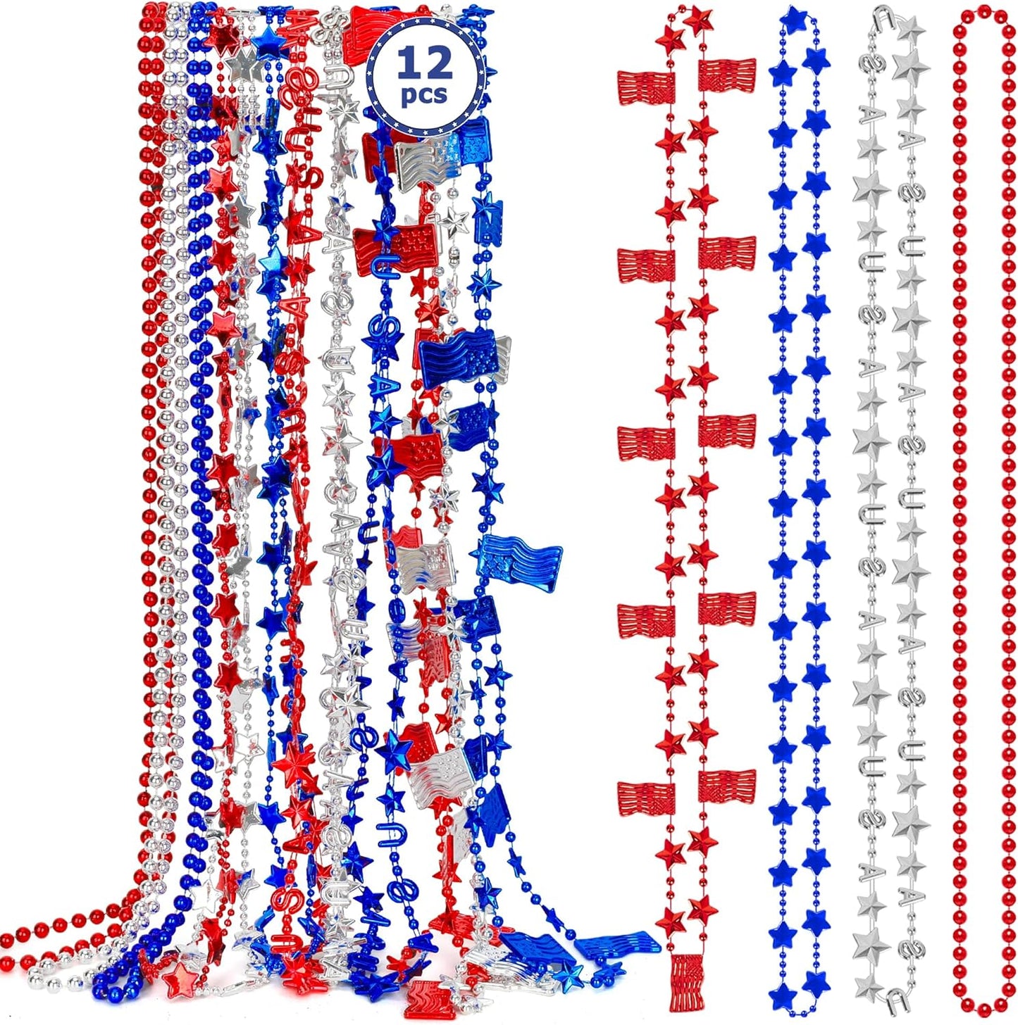 Patriotic 4th of July Necklace Set | 12PCS Red, White & Blue Beads with USA Flags for Independence Day Celebrations