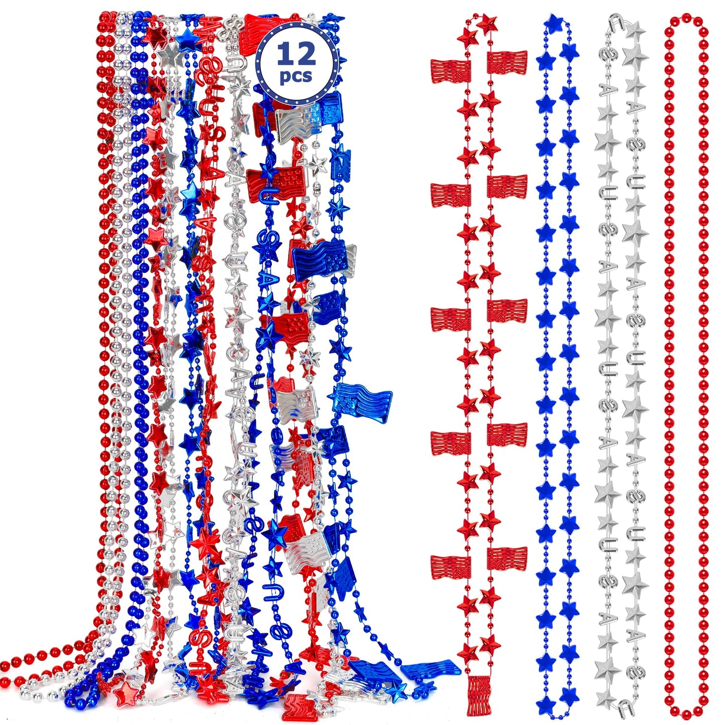 4th of July Necklace Accessories, 12PCS Veterans Day Beads Necklaces Bulk, Independence Day Red Blue White Stars USA Flags Necklace, Veterans Day Patriotic Bulk for Parade Party Favors Decorations