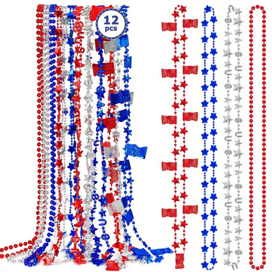 4th of July Necklace Accessories, 12PCS Veterans Day Beads Necklaces Bulk, Independence Day Red Blue White Stars USA Flags Necklace, Veterans Day Patriotic Bulk for Parade Party Favors Decorations
