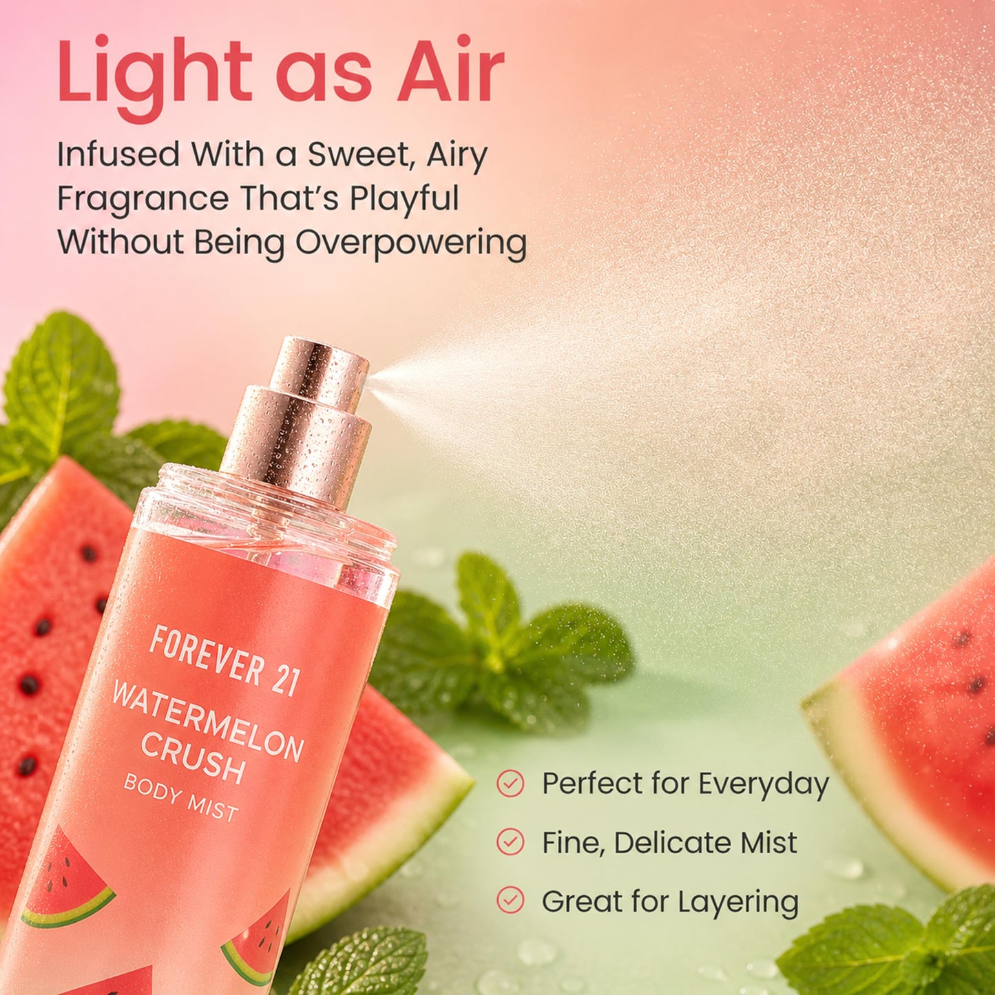 Forever 21 Watermelon Crush Body Spray Mist | Lightweight & Refreshing Everyday Scent | Sweet Body Spray with Fresh Sliced Watermelon Top Notes, Bergamot Zest and Muddled Mint | 8 fl. oz.