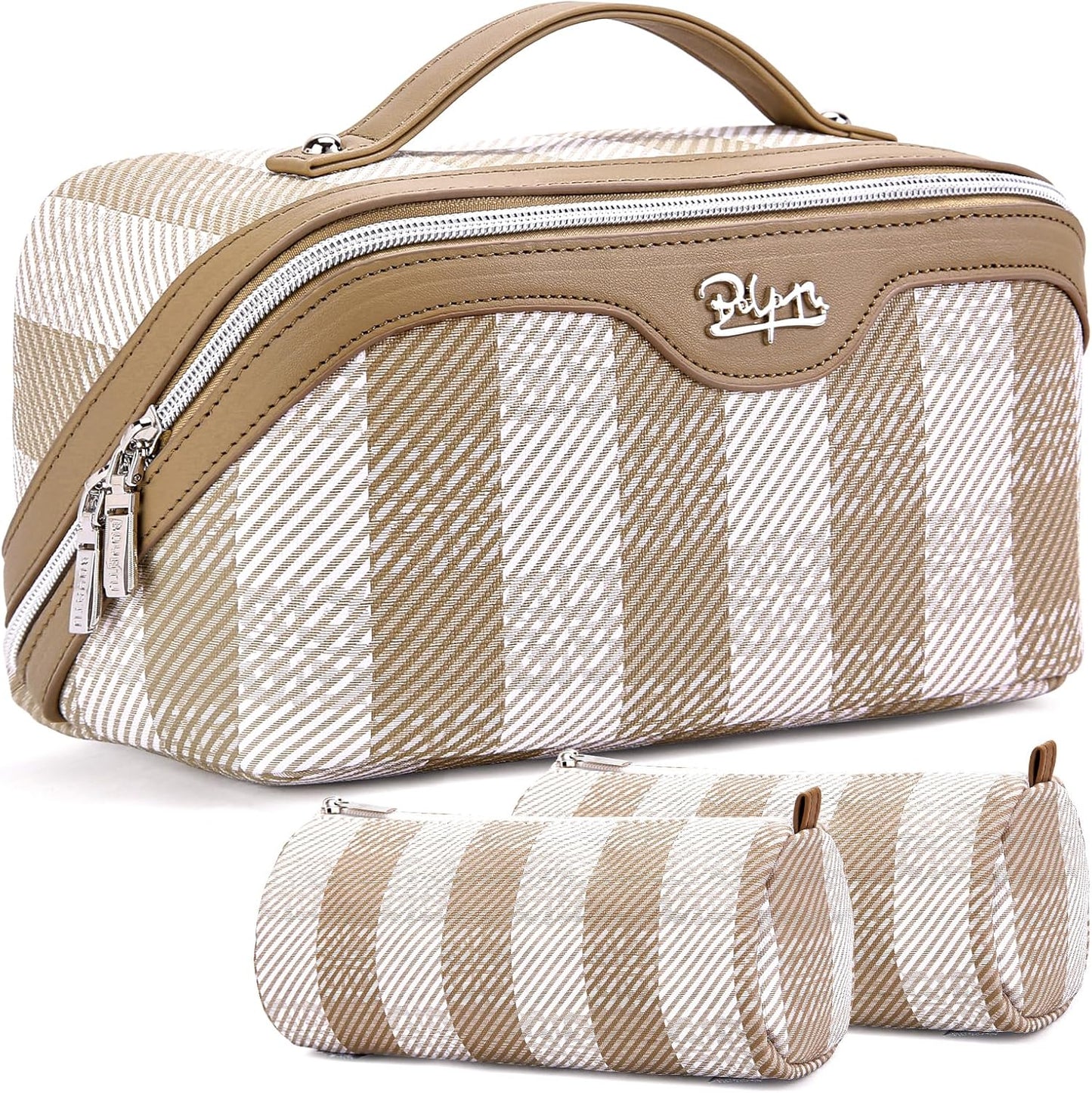 Travel Makeup Bag Organizer Set - 3 Pcs Waterproof Vegan Leather Cosmetic Bags for Women | Black