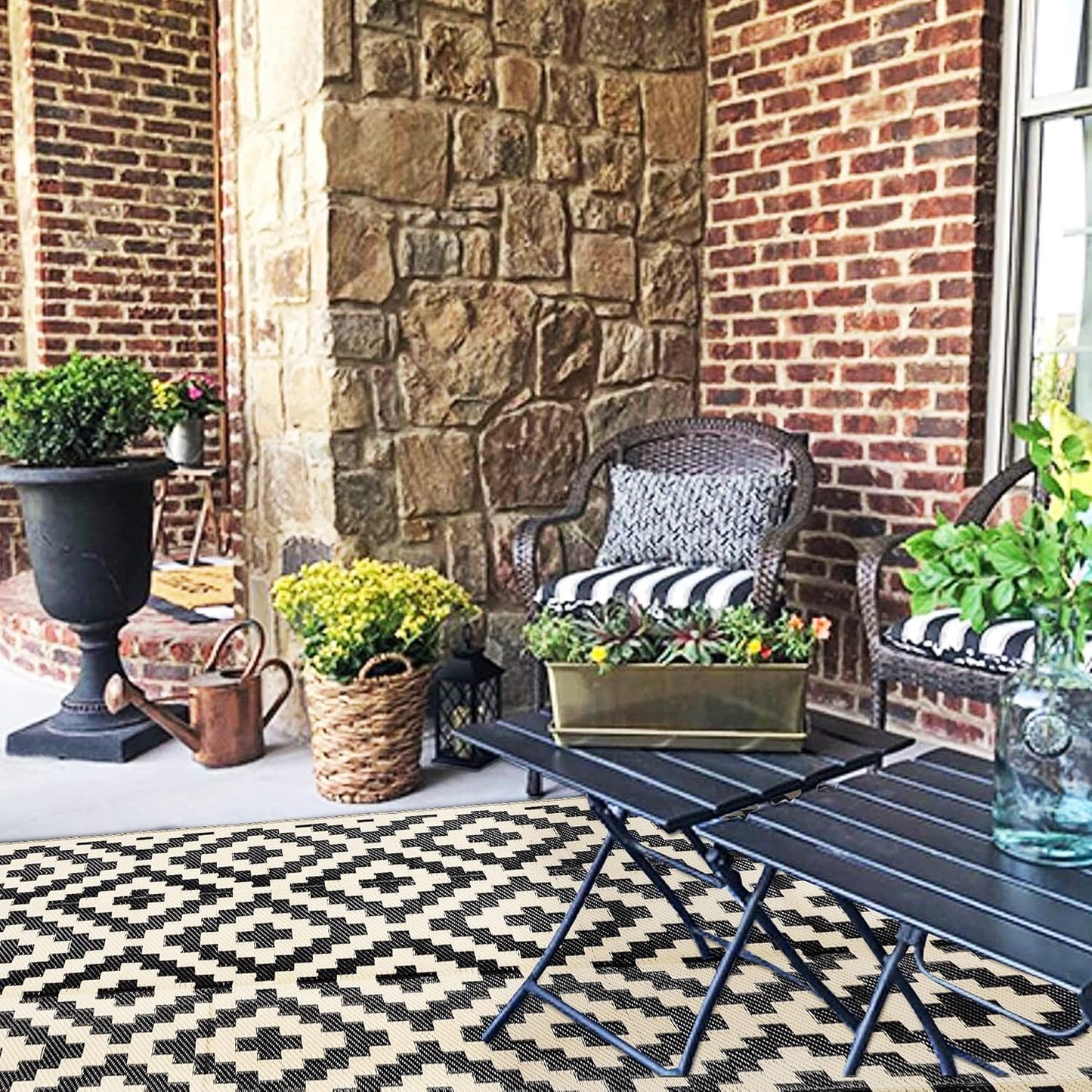 Waterproof Outdoor Rug - Reversible Plastic Area Rug for Patio, RV, Deck | 5x8 ft, Black & Beige