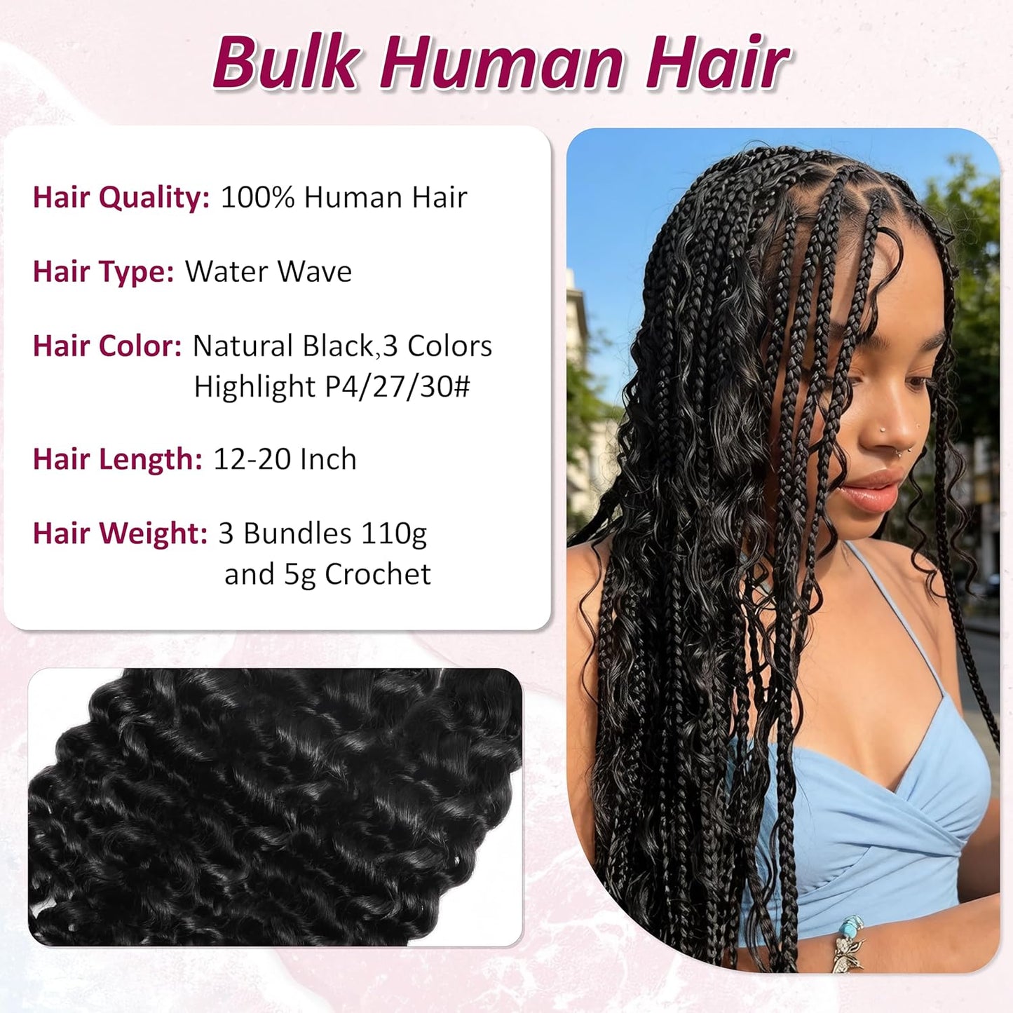 Water Wave Human Braiding Hair - 16 Inch Deep Curly Bundles for Boho Braids | 110g Natural Black