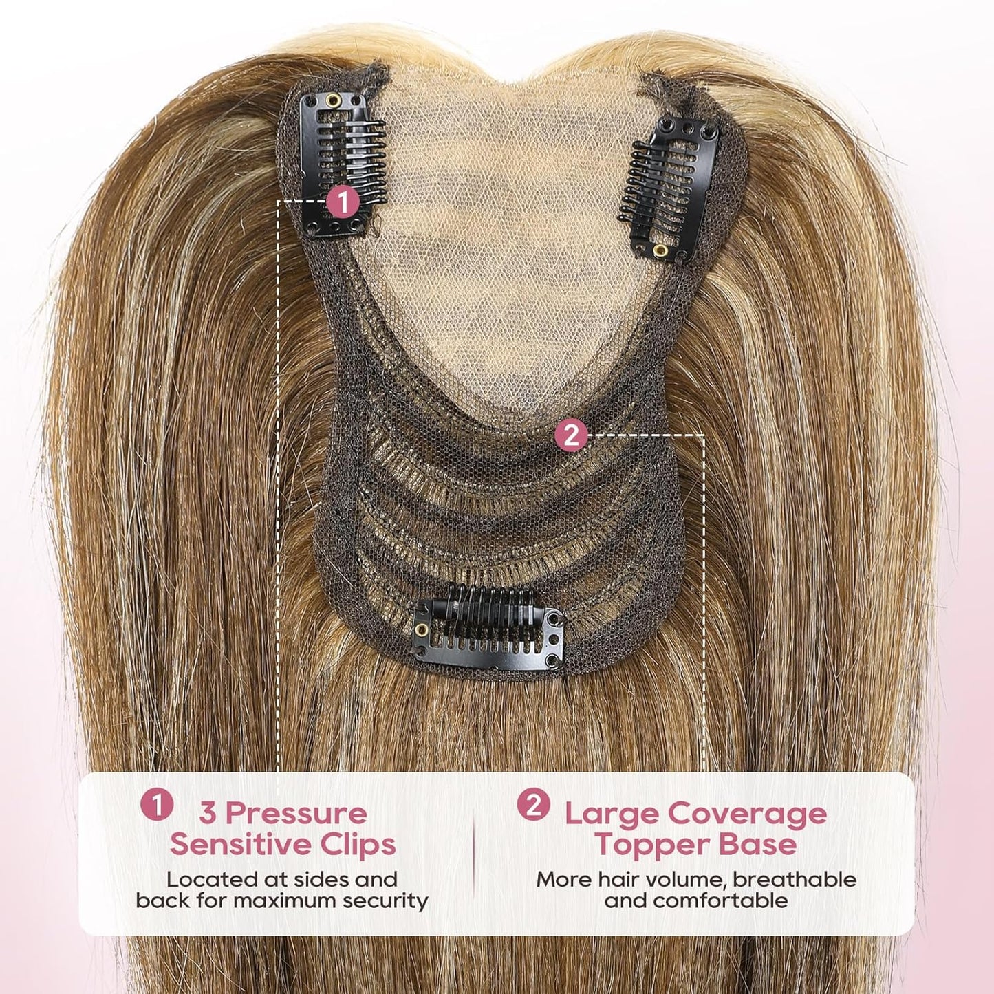 REECHO Human Hair Toppers - Real Thick Hair Topper for Women | Invisible Wiglet for Daily Volume, Medium Brown with Highlights